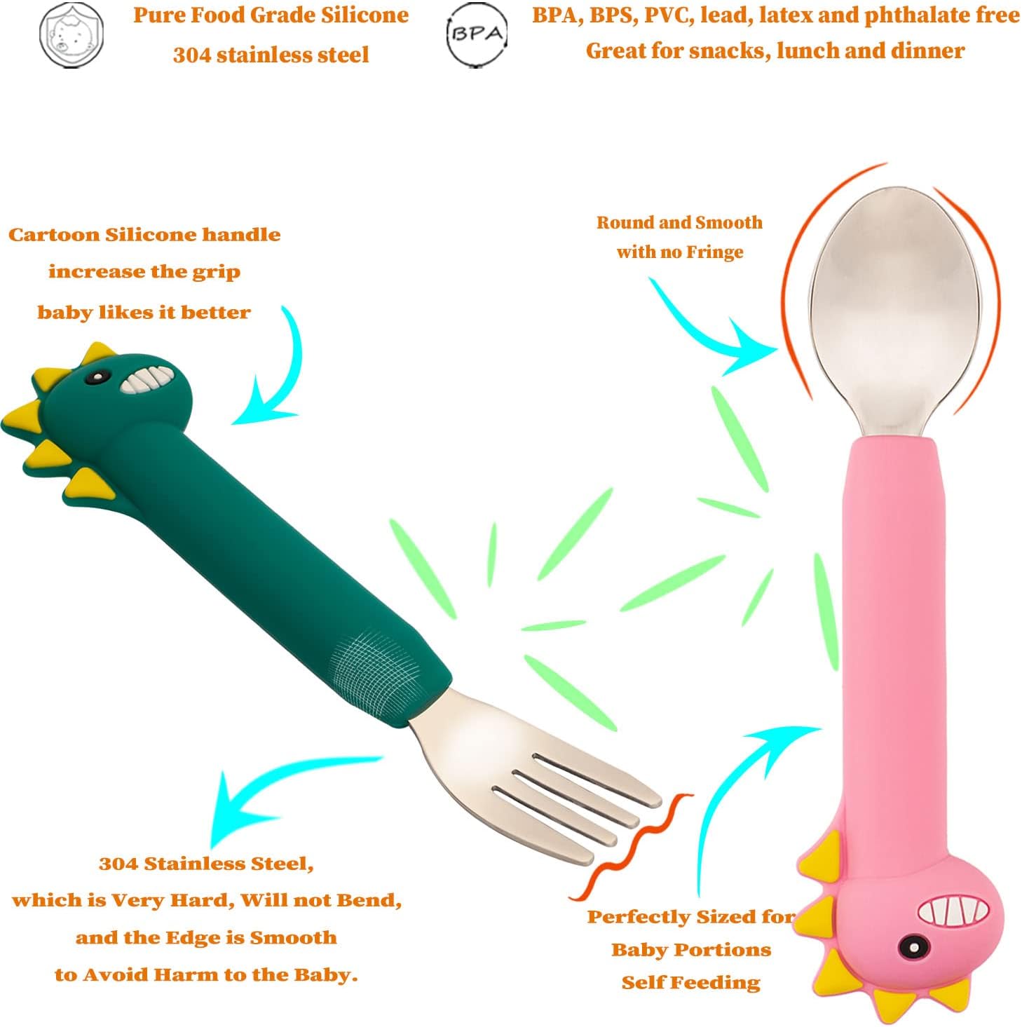 Dinosaur Toddler Spoons Fork Set with Silicone Handles - Blue