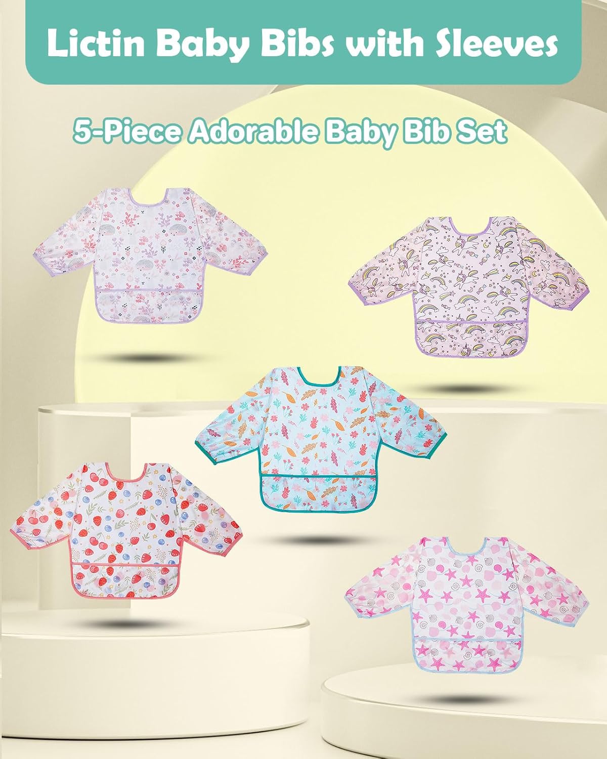 Lictin 5 Pack Long Sleeve Waterproof Baby Bibs 1