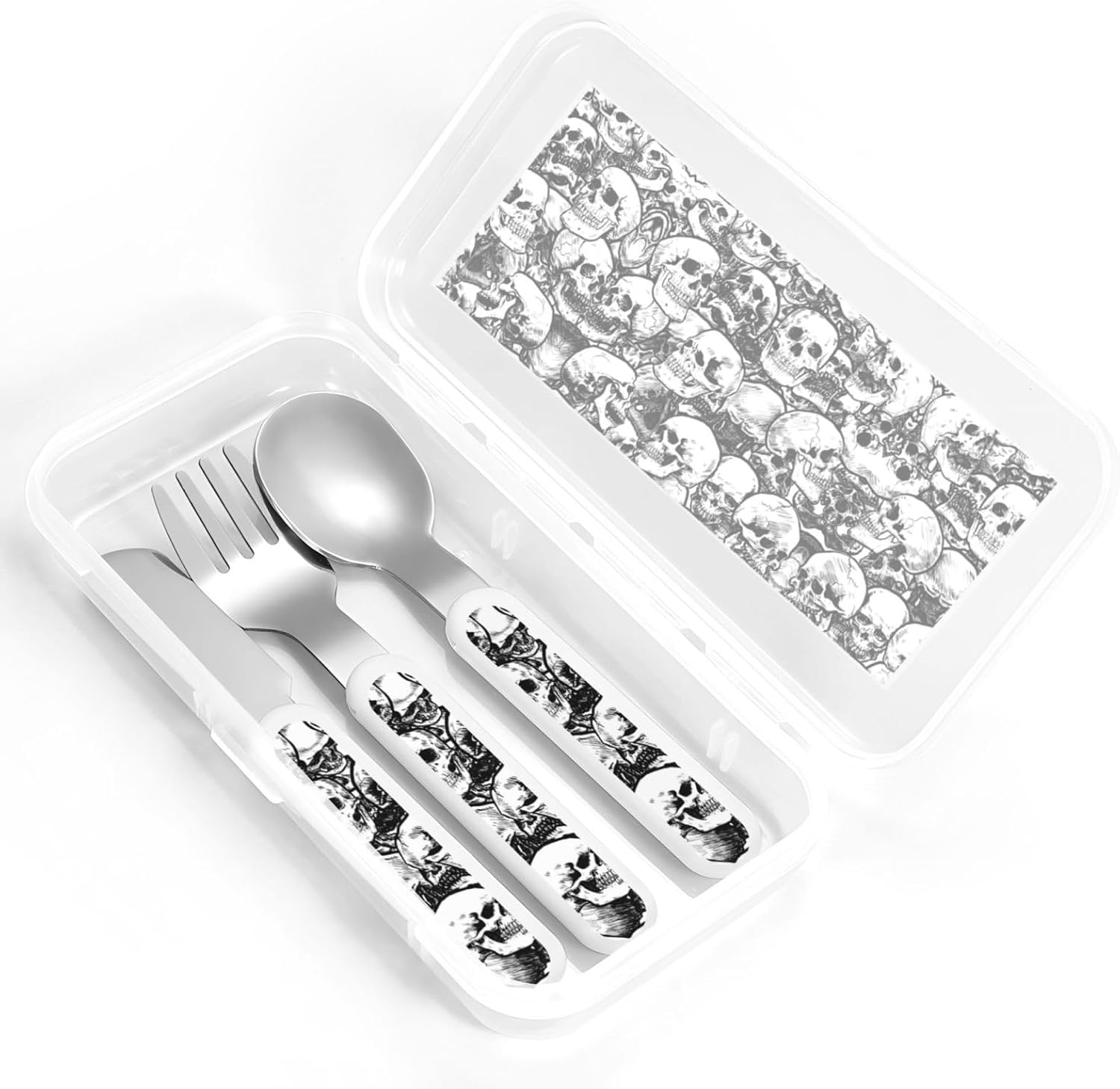 Black and White Skulls Print Stainless Steel Flatware Set with Travel Case