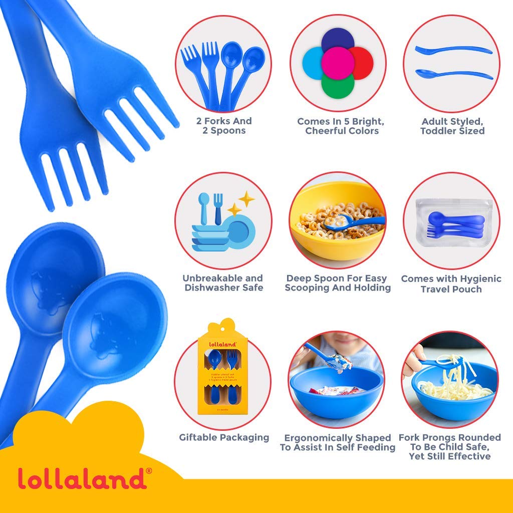 Lollaland 5 Piece Plastic Toddler Cutlery Set - Reusable with Travel Pouch Red