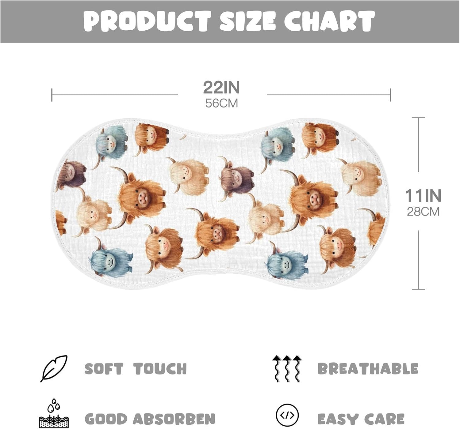 2Pcs Highland Cow Pattern Burp Cloths for Newborns