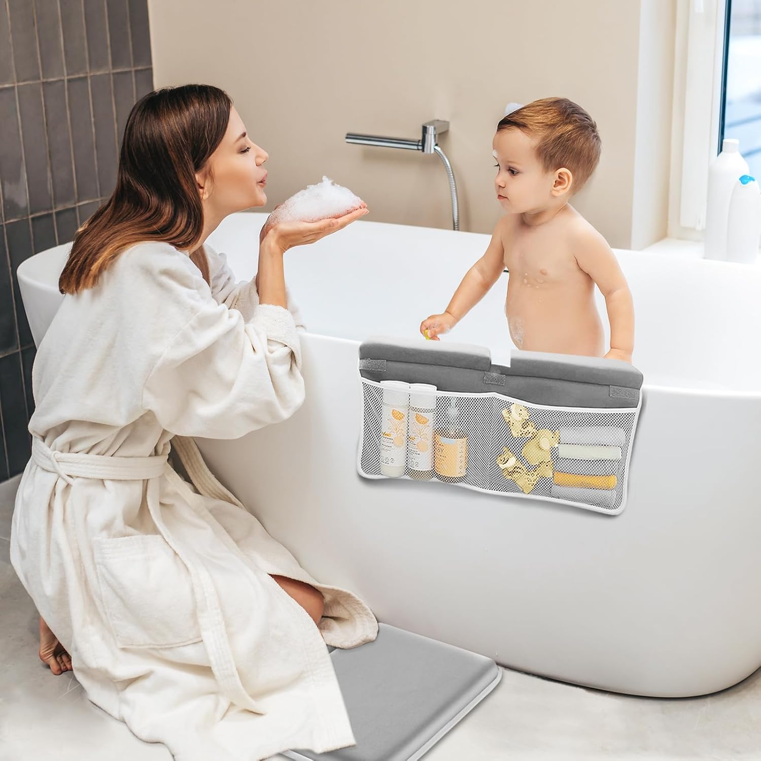 KJR Baby Bath Kneeler with Elbow Rest and Toy Pockets Gray