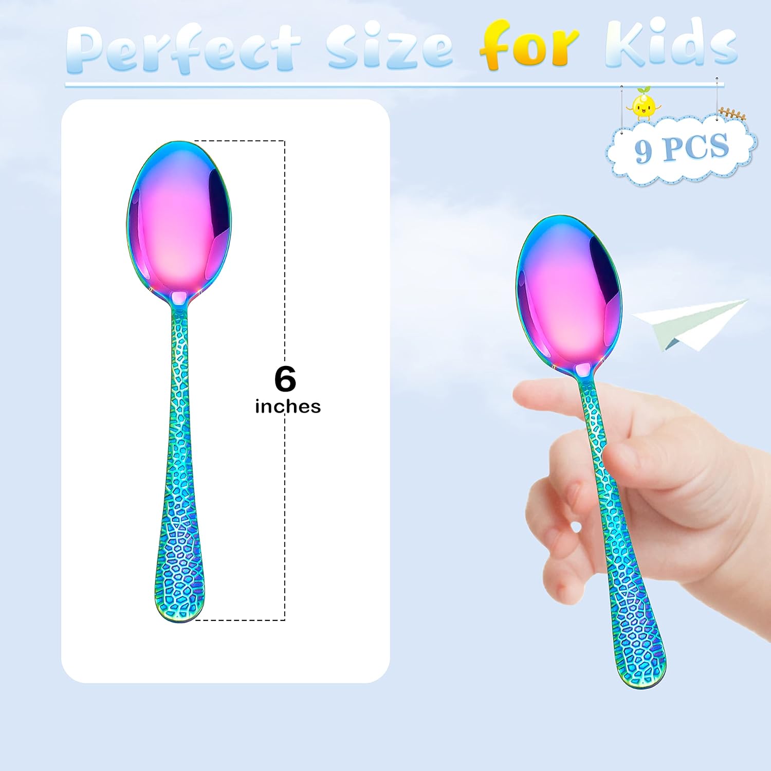 LIANYU 9 Piece Rainbow Kids Stainless Steel Spoon Set