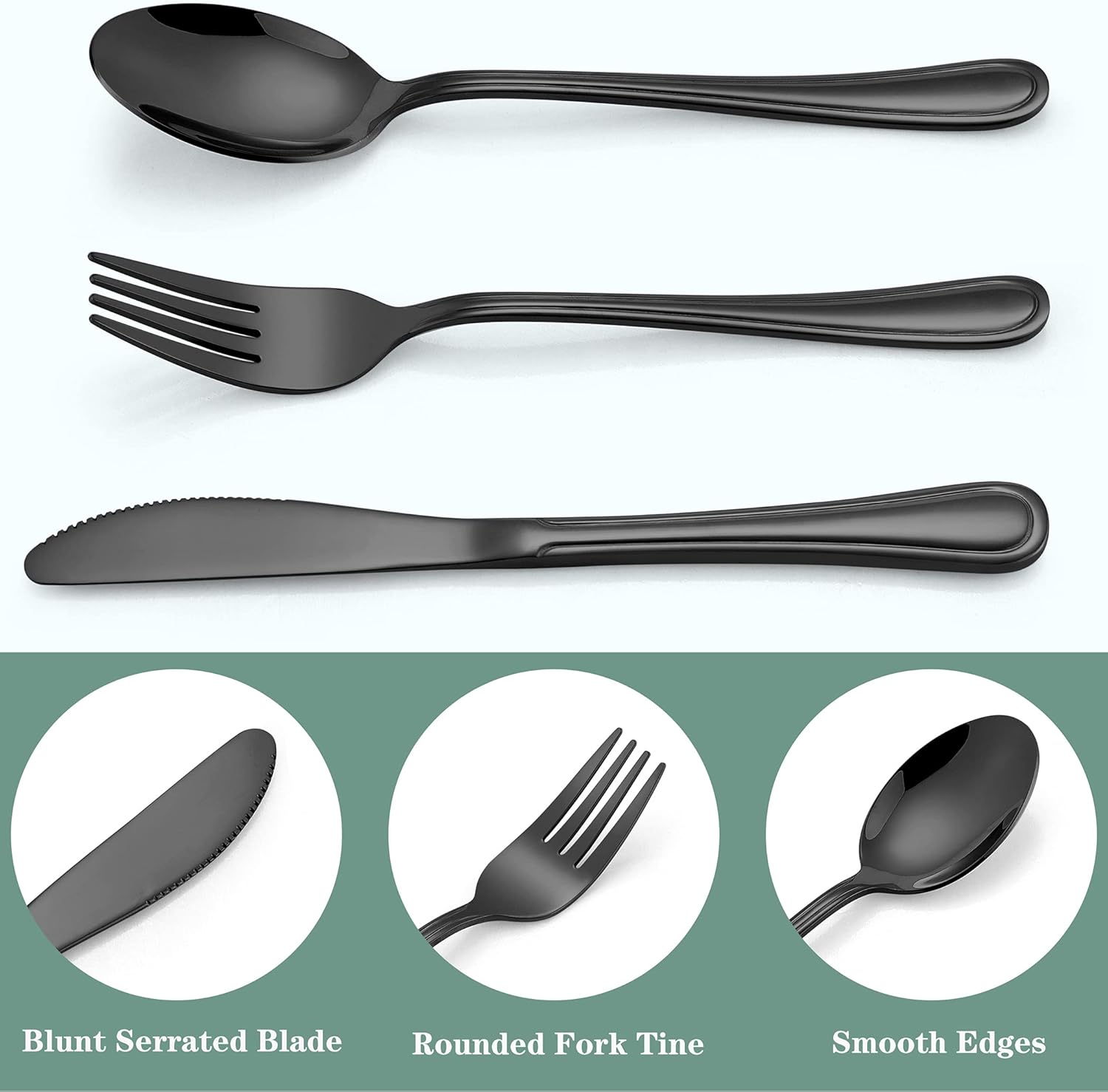 LIANYU 15-Piece Black Kids Silverware Set