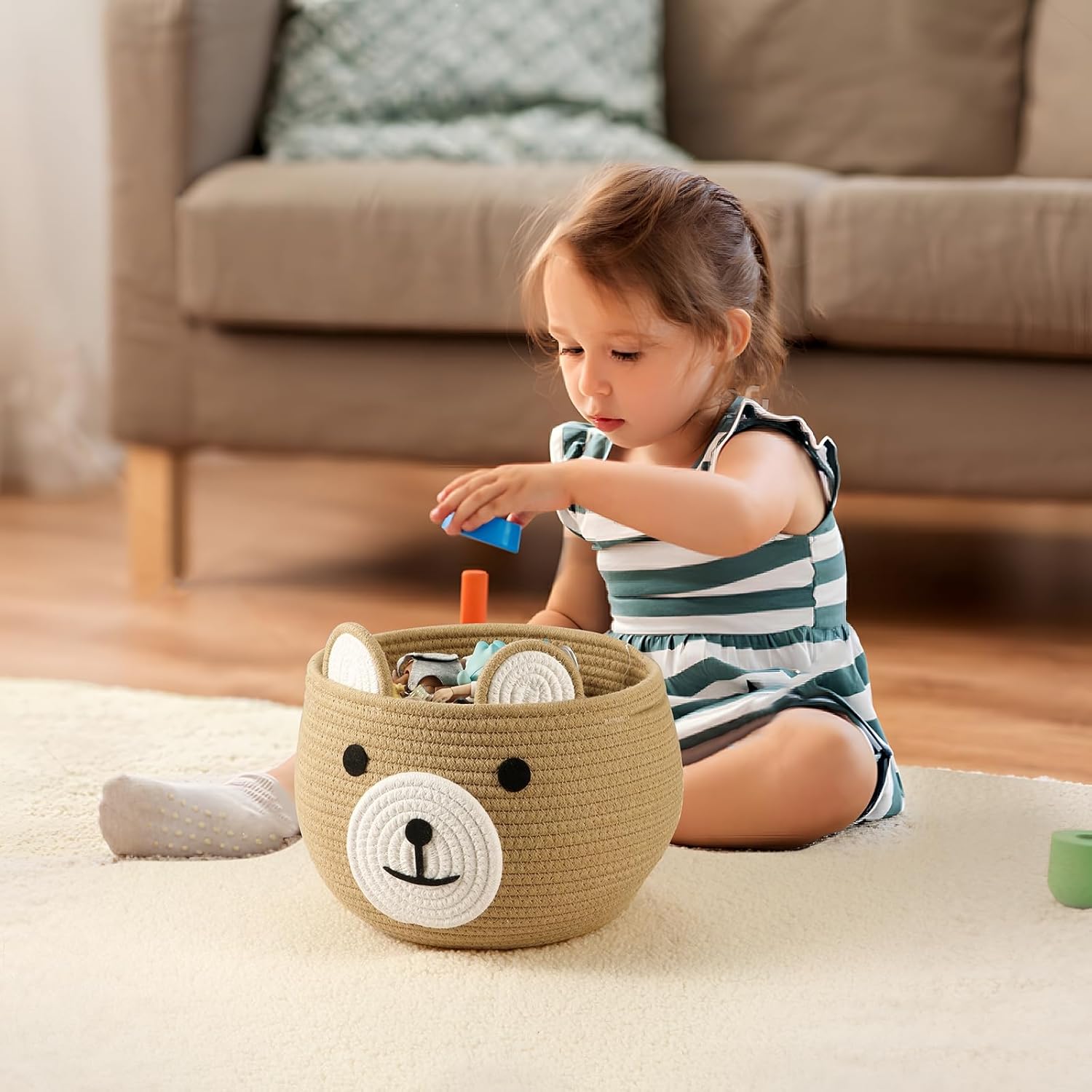 PandaEar Cotton Rope Baby Basket with Bear Design