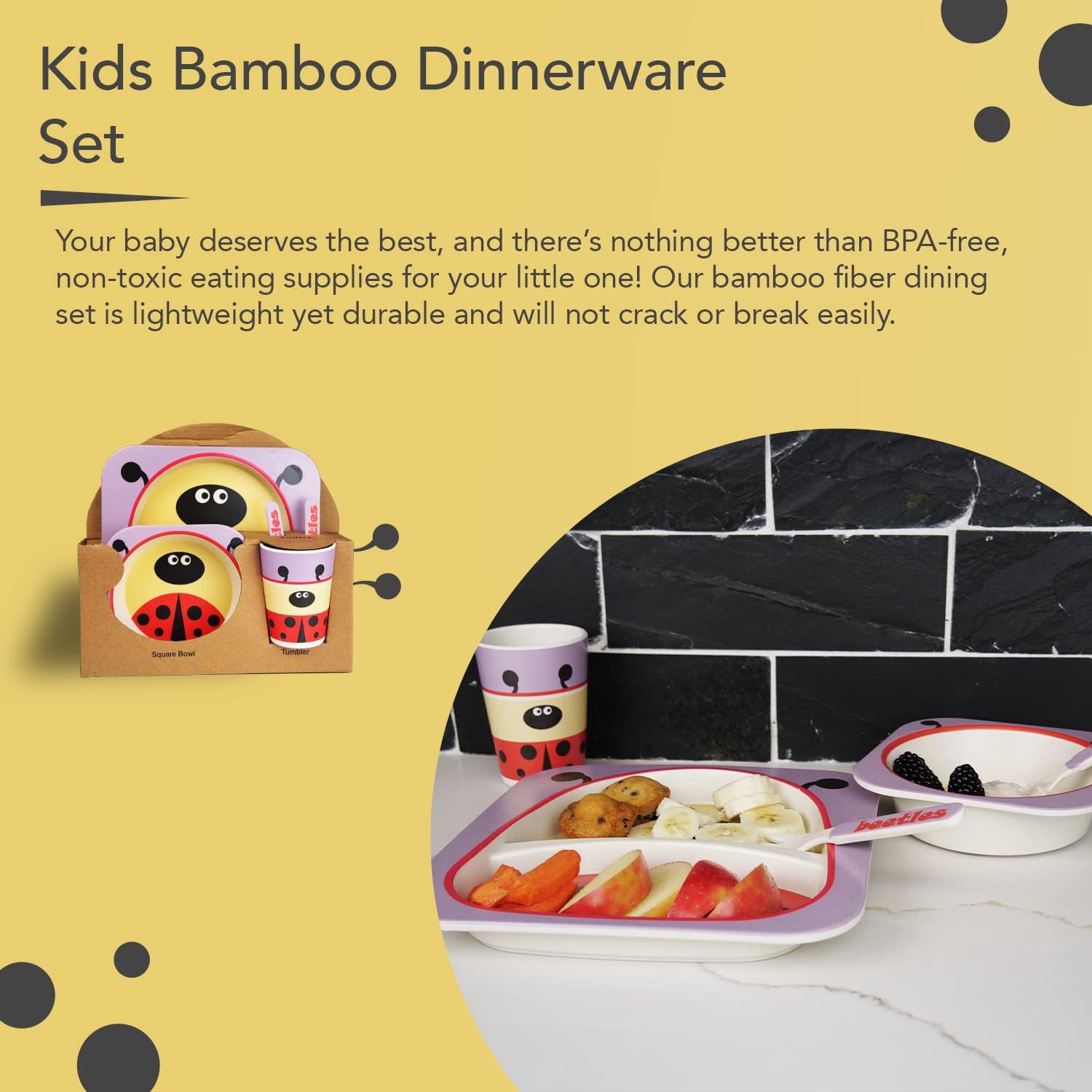 Bamboo Kids Plate and Bowl Set with Cup Utensils