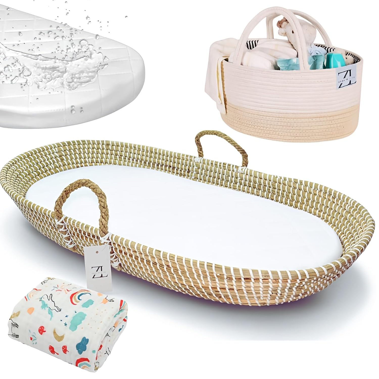 ZEALN LIFE Seagrass Changing Basket with Waterproof Pad