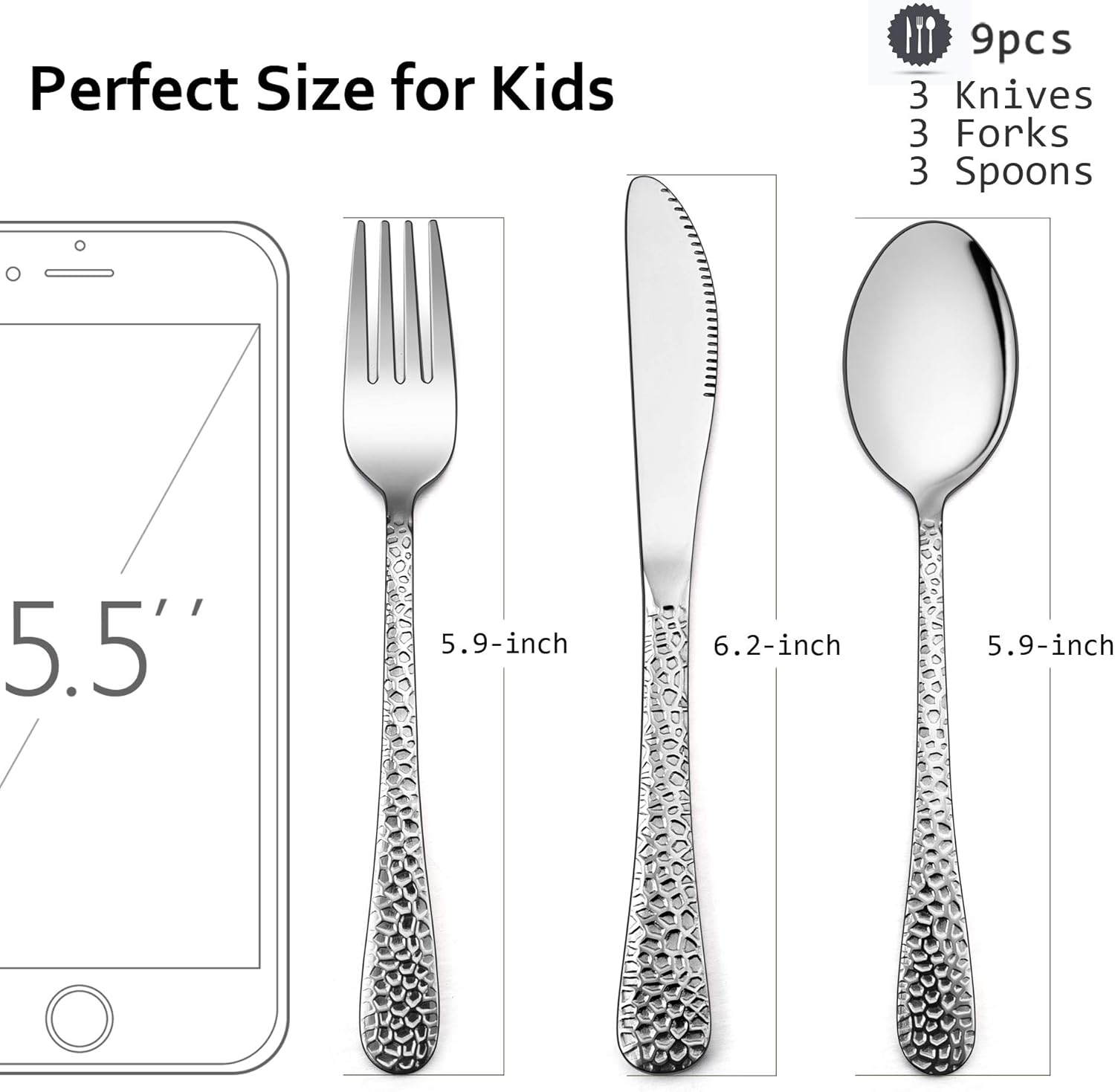 Hammered Kids Silverware Set 9 Piece Stainless Steel