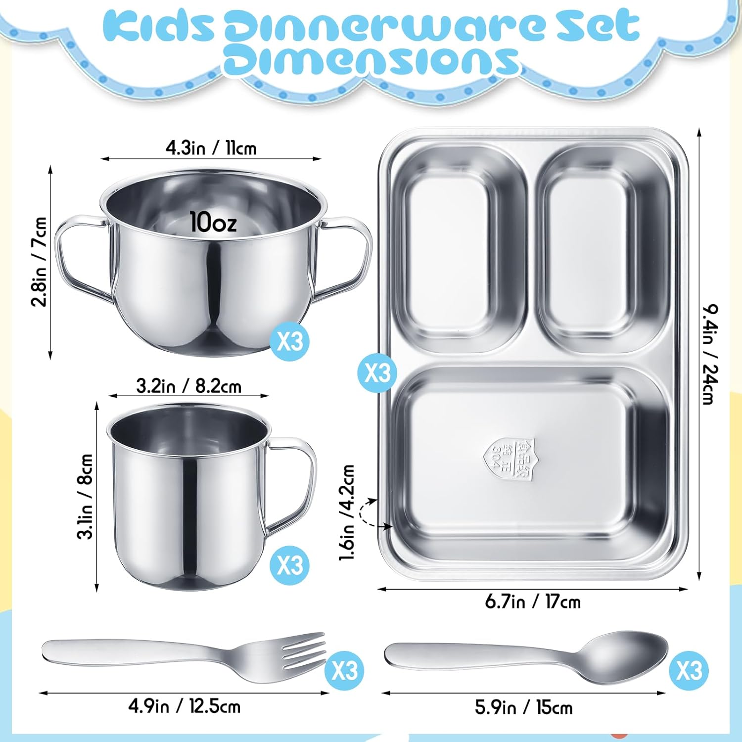 Tioncy 15 Pcs Stainless Steel Kids Dinnerware Set