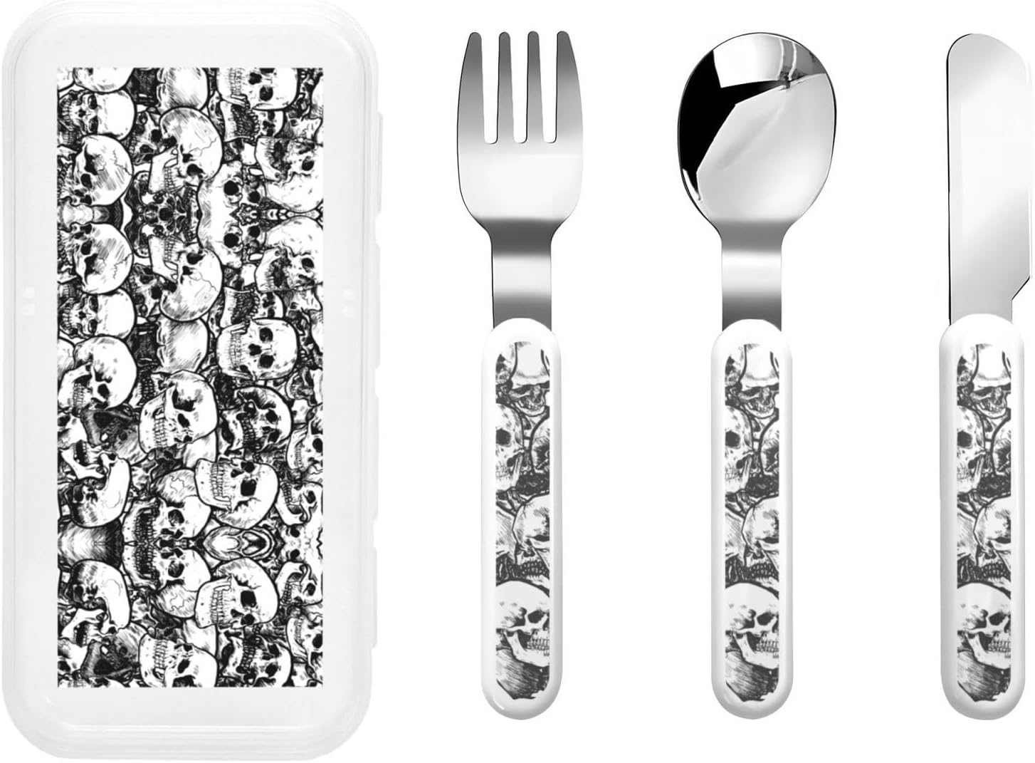 Black and White Skulls Print Stainless Steel Flatware Set with Travel Case