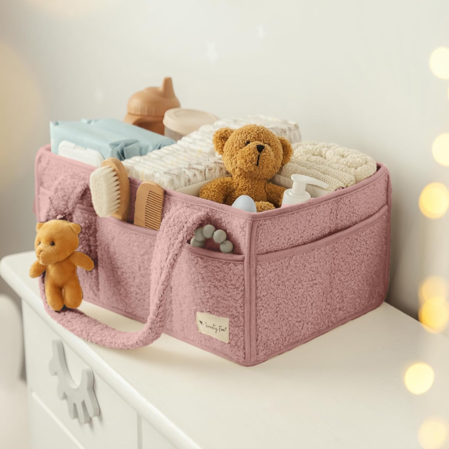 Sweety Fox Plush Sherpa Diaper Caddy Organizer with Handle - Pink