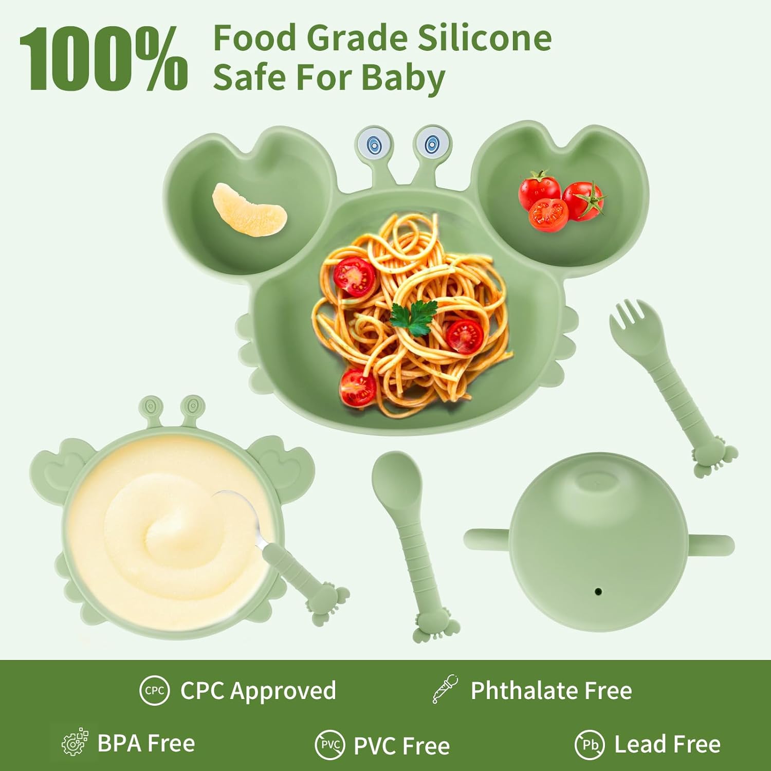 Adorylla Silicone Baby Feeding Set 8PCS Green