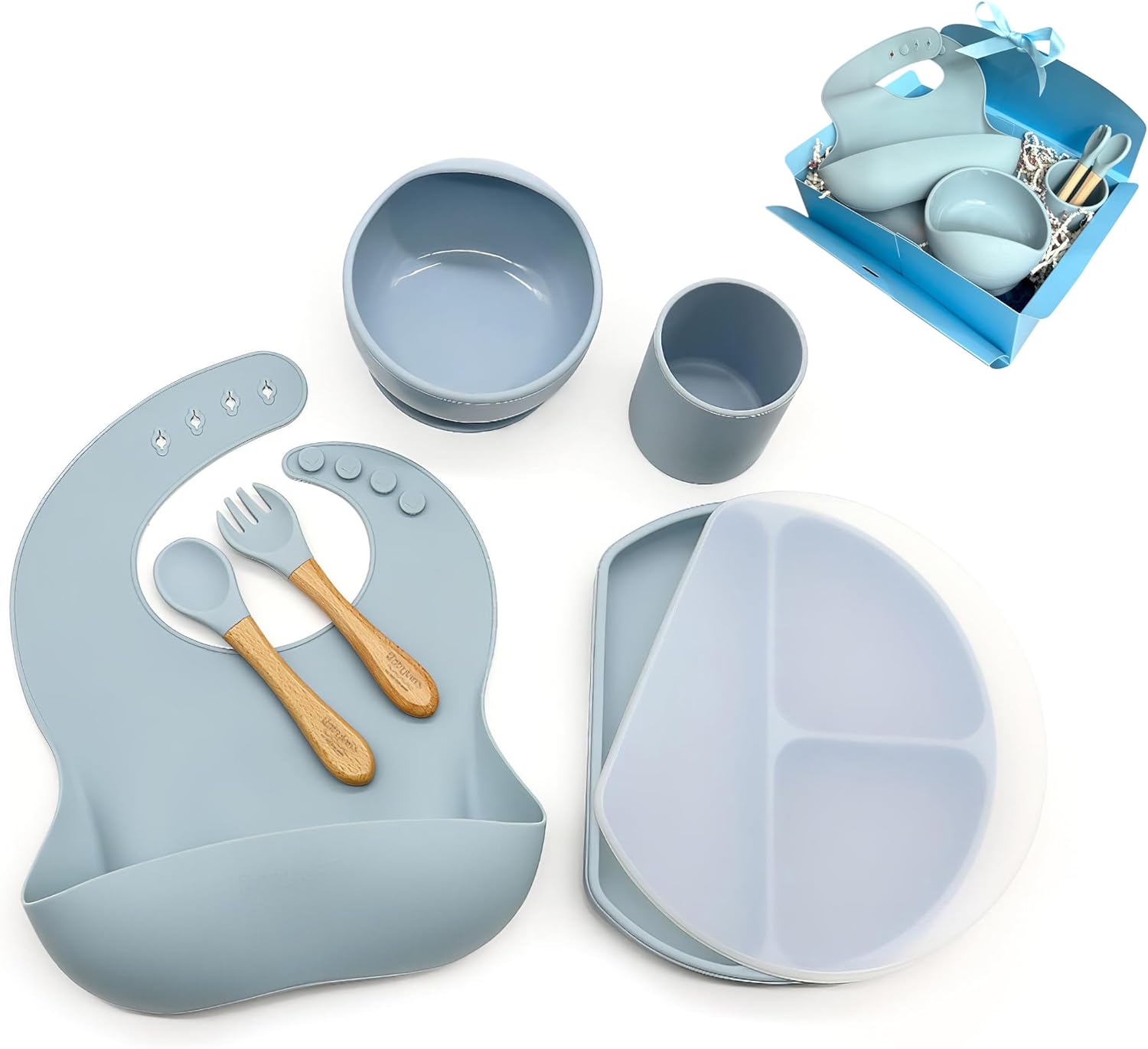 Silicone Baby Bowls and Spoons Set - 6 Piece Dusty Blue