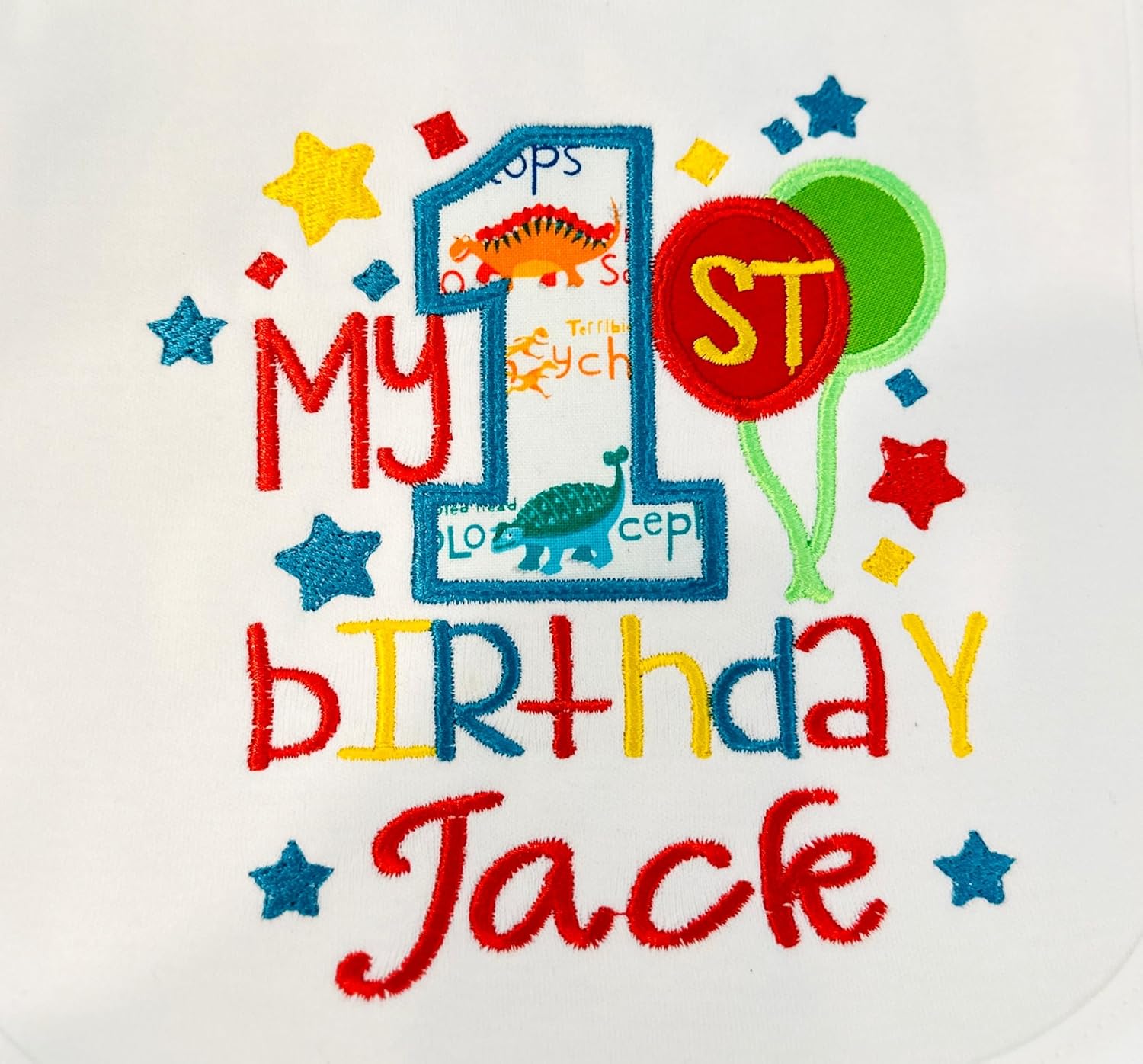 First Birthday Boy Bib White Bib with Turquoise Dino Embroidery