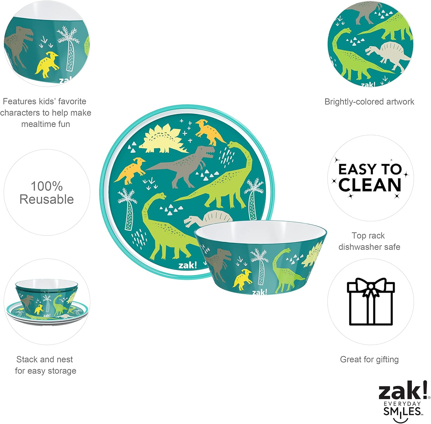Zak Designs Dinosaur 5-Piece Dinnerware Set for Kids Ages 3