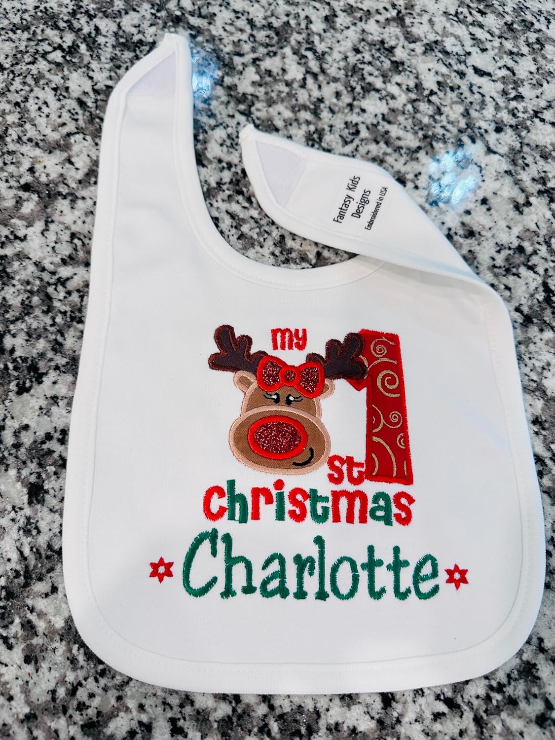 Christmas Baby Girl Bib with Reindeer Custom Name