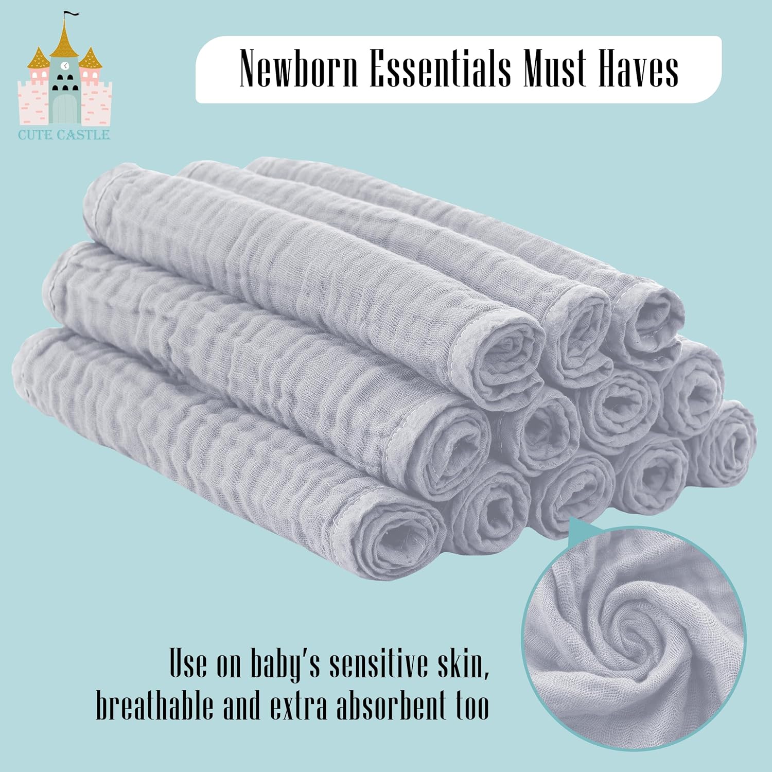 Cute Castle 12 Pack Muslin Burp Cloths - 20x10 Ultra Soft Cotton