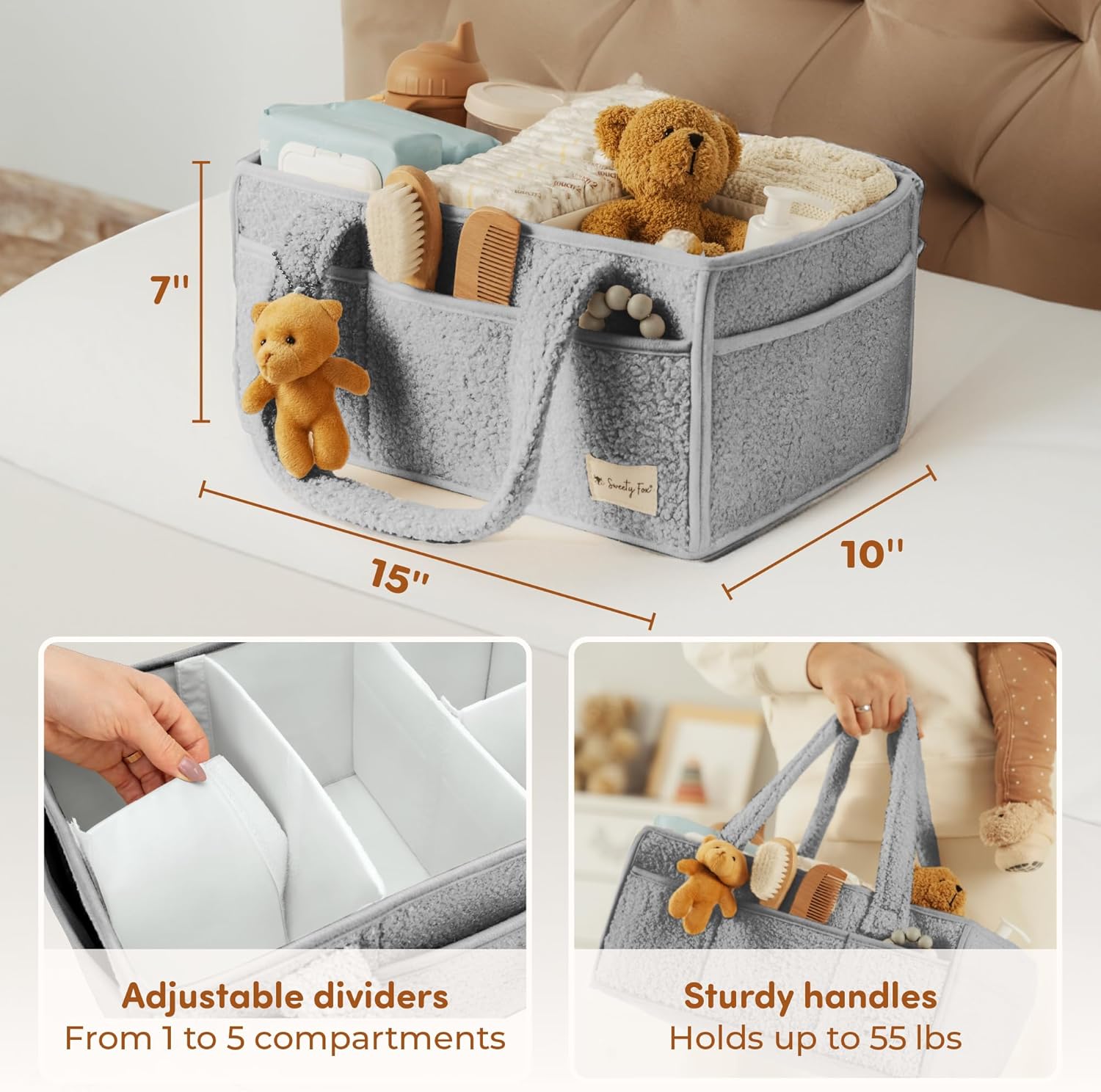 Sweety Fox Baby Diaper Caddy Organizer - Grey
