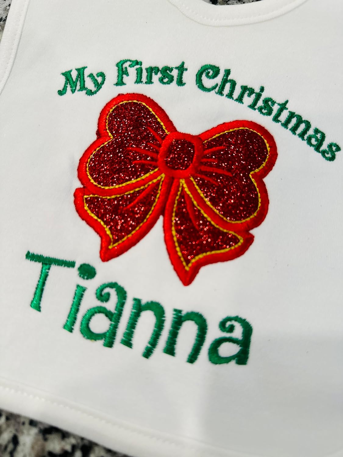 Christmas Baby Girl Bib with Glitter Bow and Custom Name