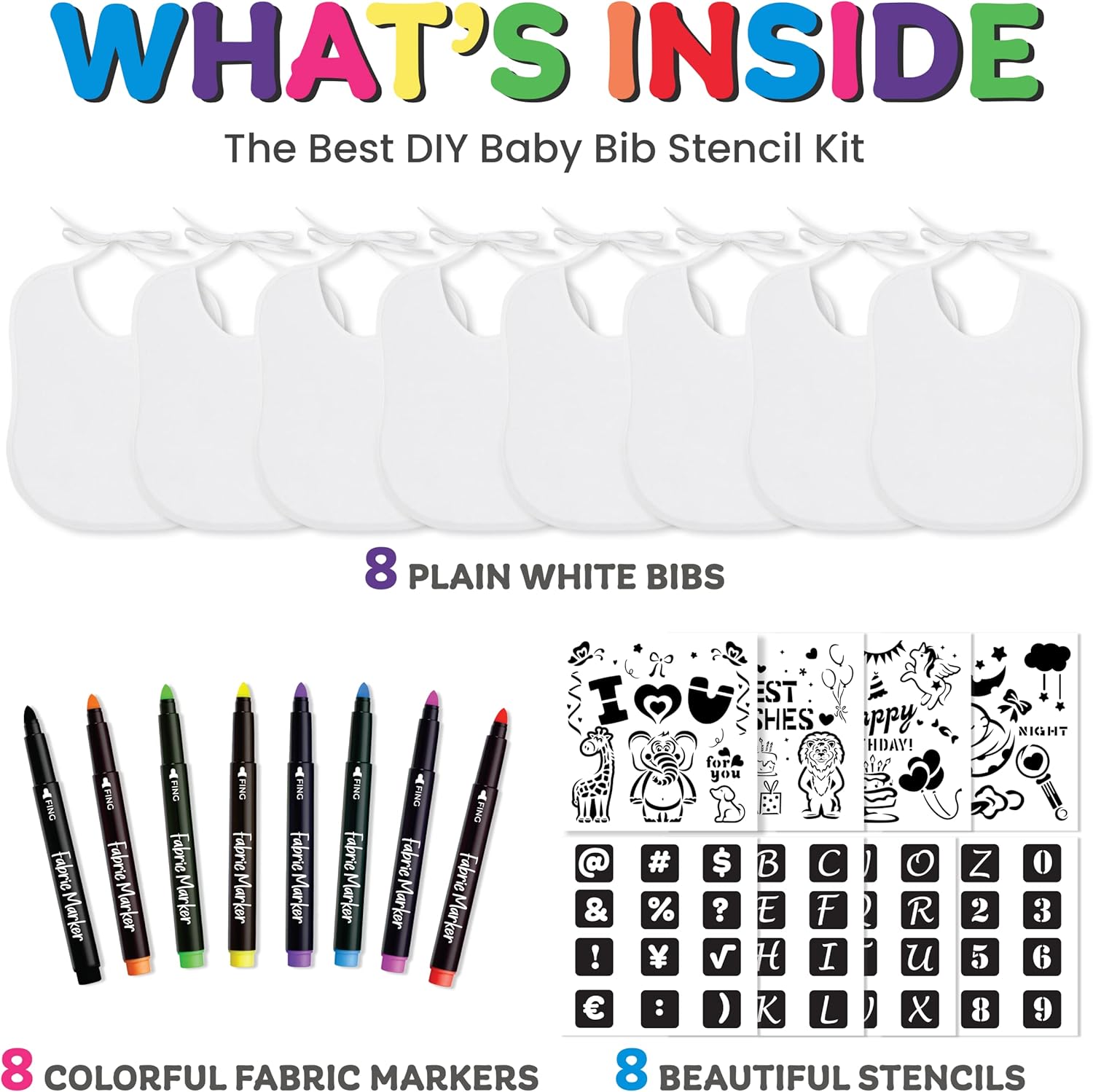 DIY Baby Bibs Set - 8 Pieces with Markers and Stencils