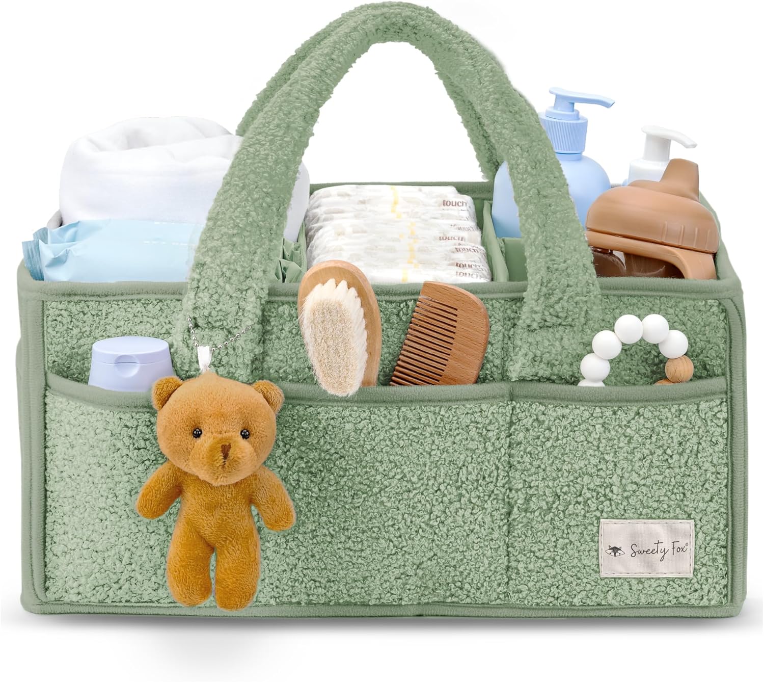 Sweety Fox Baby Diaper Caddy Organizer with Handle - Portable Sherpa Basket - Green