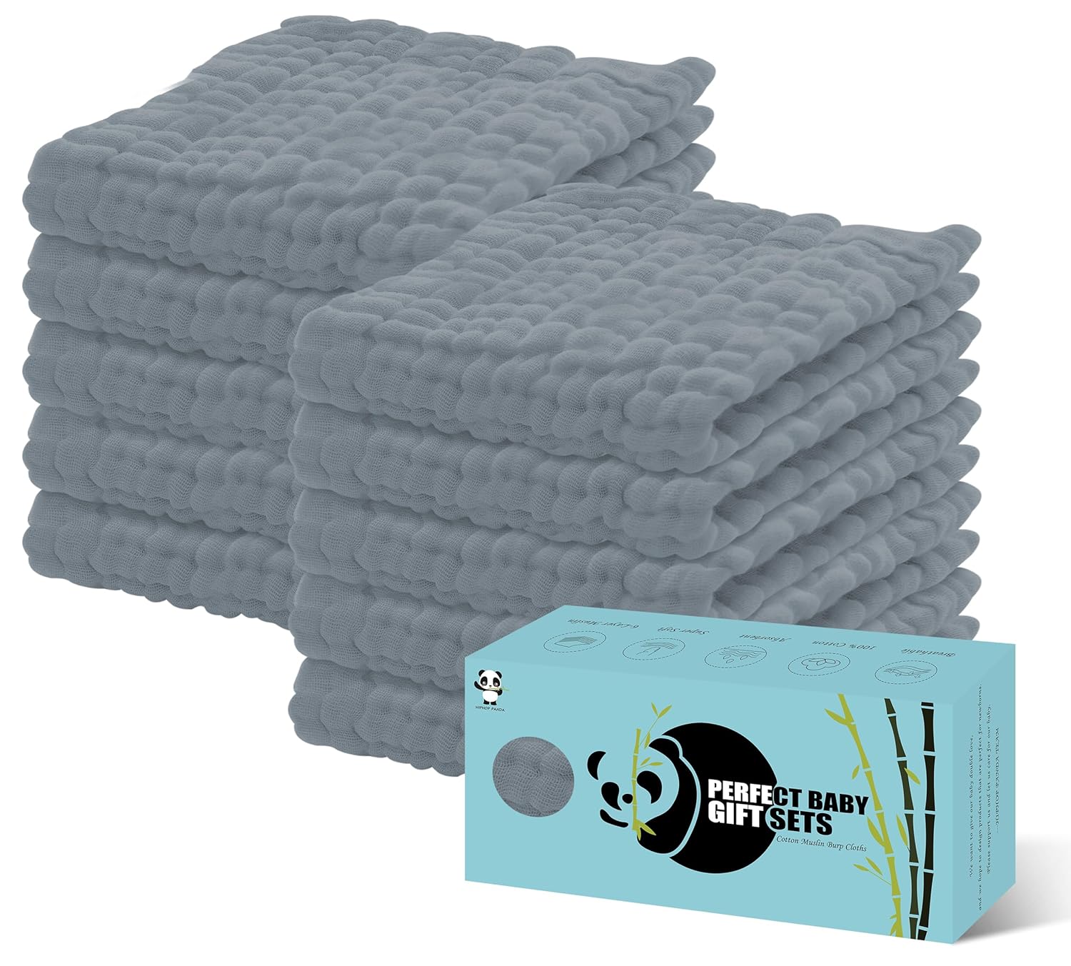 HIPHOP PANDA 10 Pack 6-Layer Muslin Burp Cloths