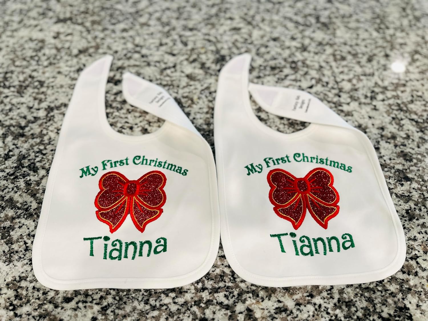 Christmas Baby Girl Bib with Glitter Bow and Custom Name