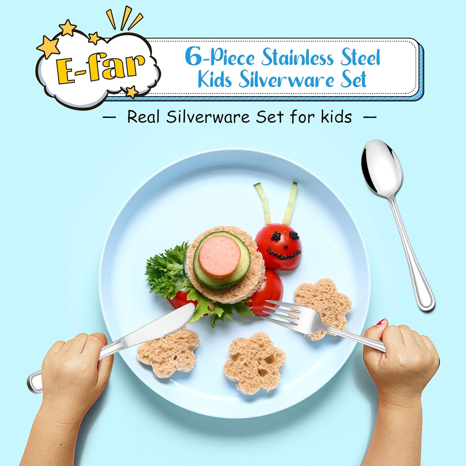 E-far 6-Piece Kids Silverware Set Stainless Steel Safe for Toddlers