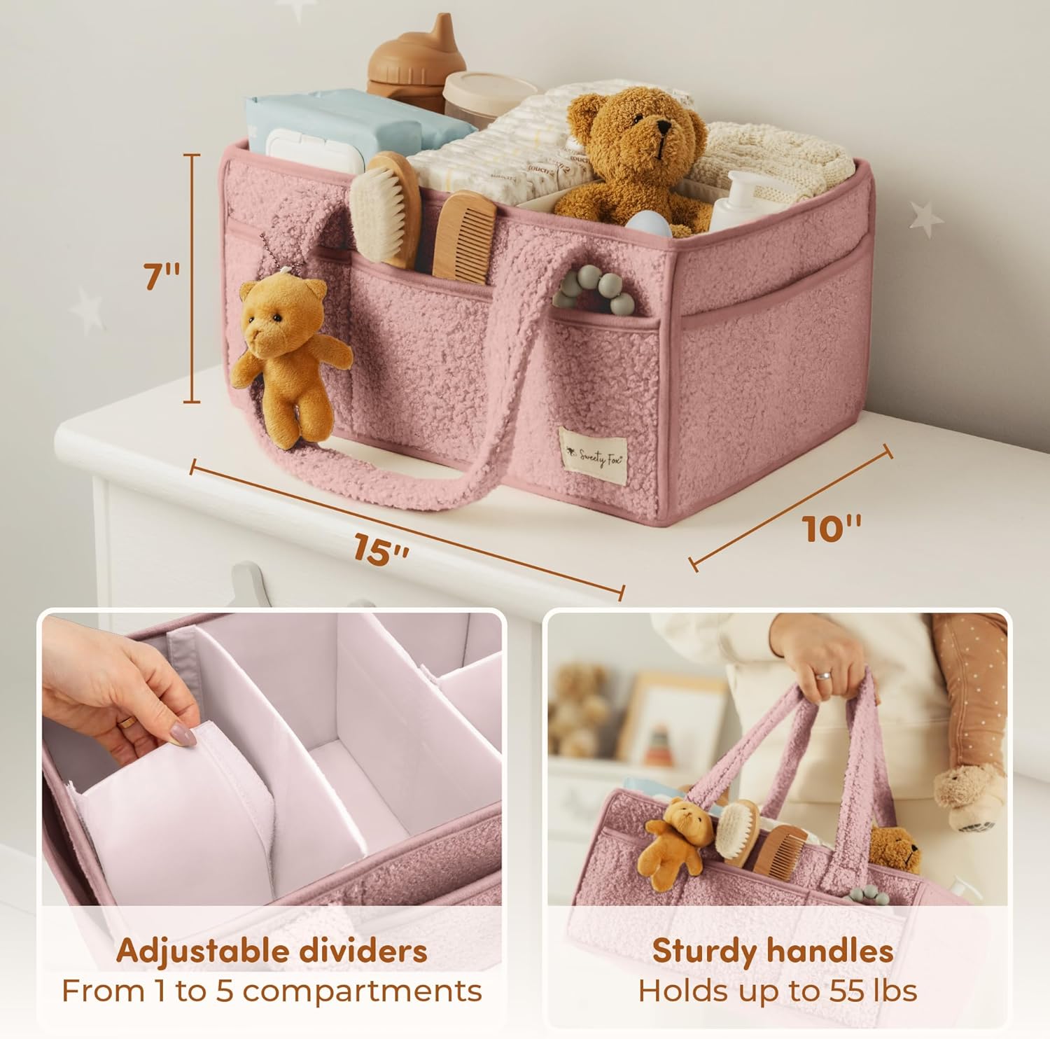 Sweety Fox Plush Sherpa Diaper Caddy Organizer with Handle - Pink