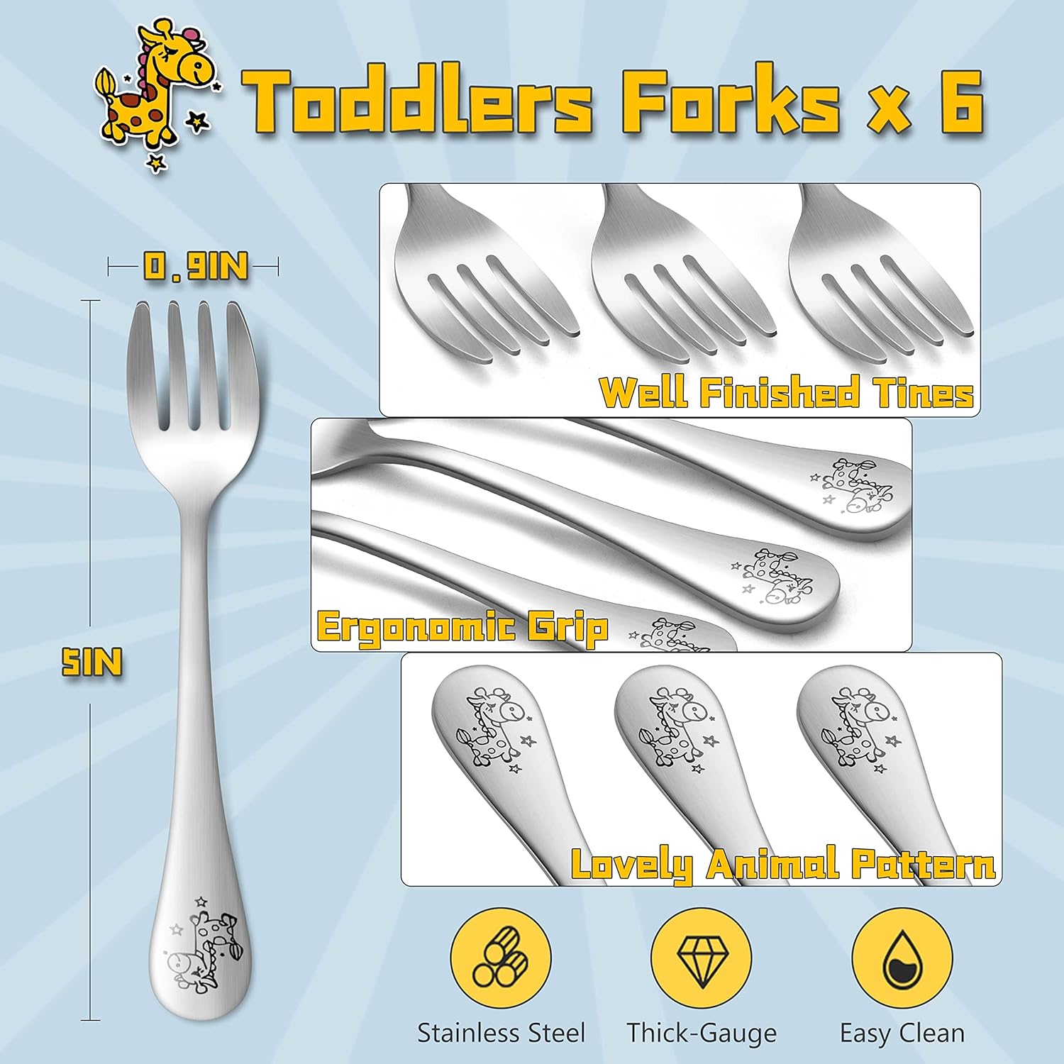 E-far 6-Piece Stainless Steel Toddler Forks Set
