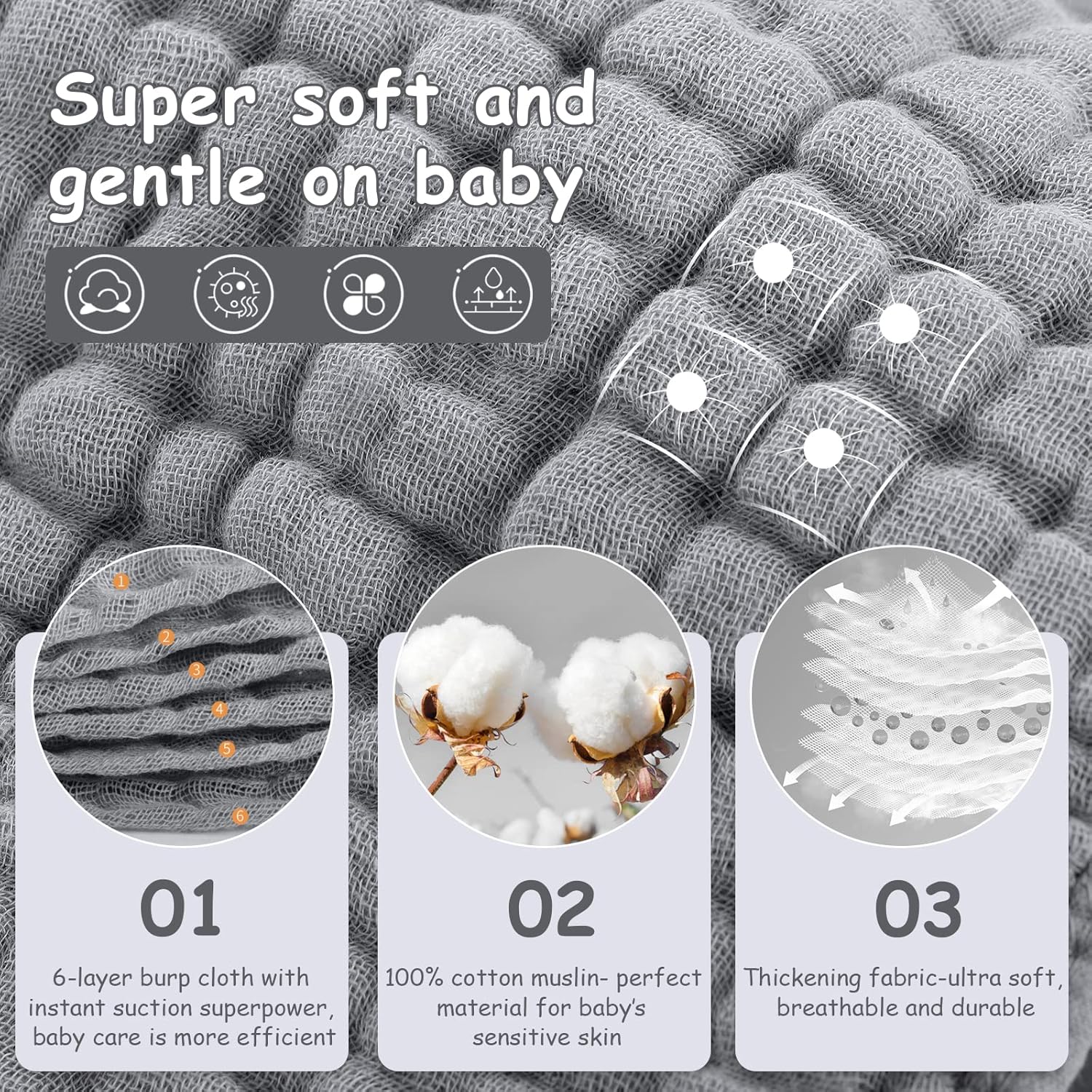 Looxii Muslin Burp Cloths 6 Pack Grey 20x10 Inch