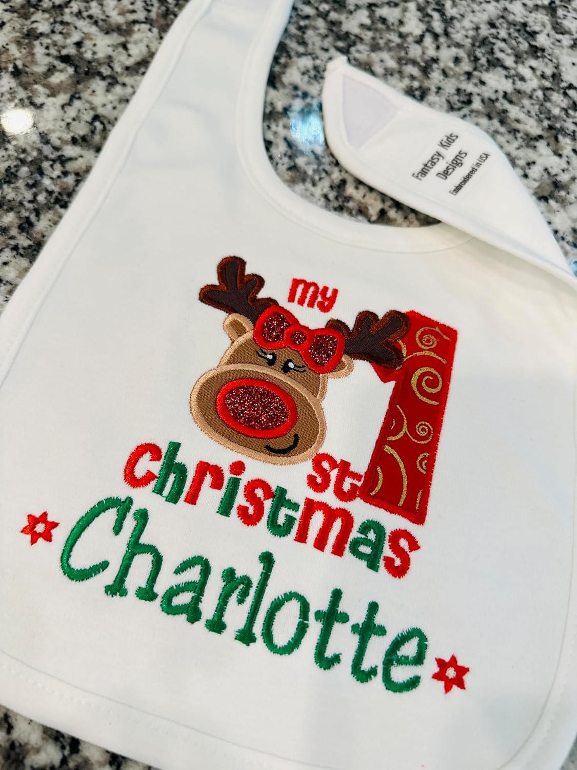 Christmas Baby Girl Bib with Reindeer Custom Name
