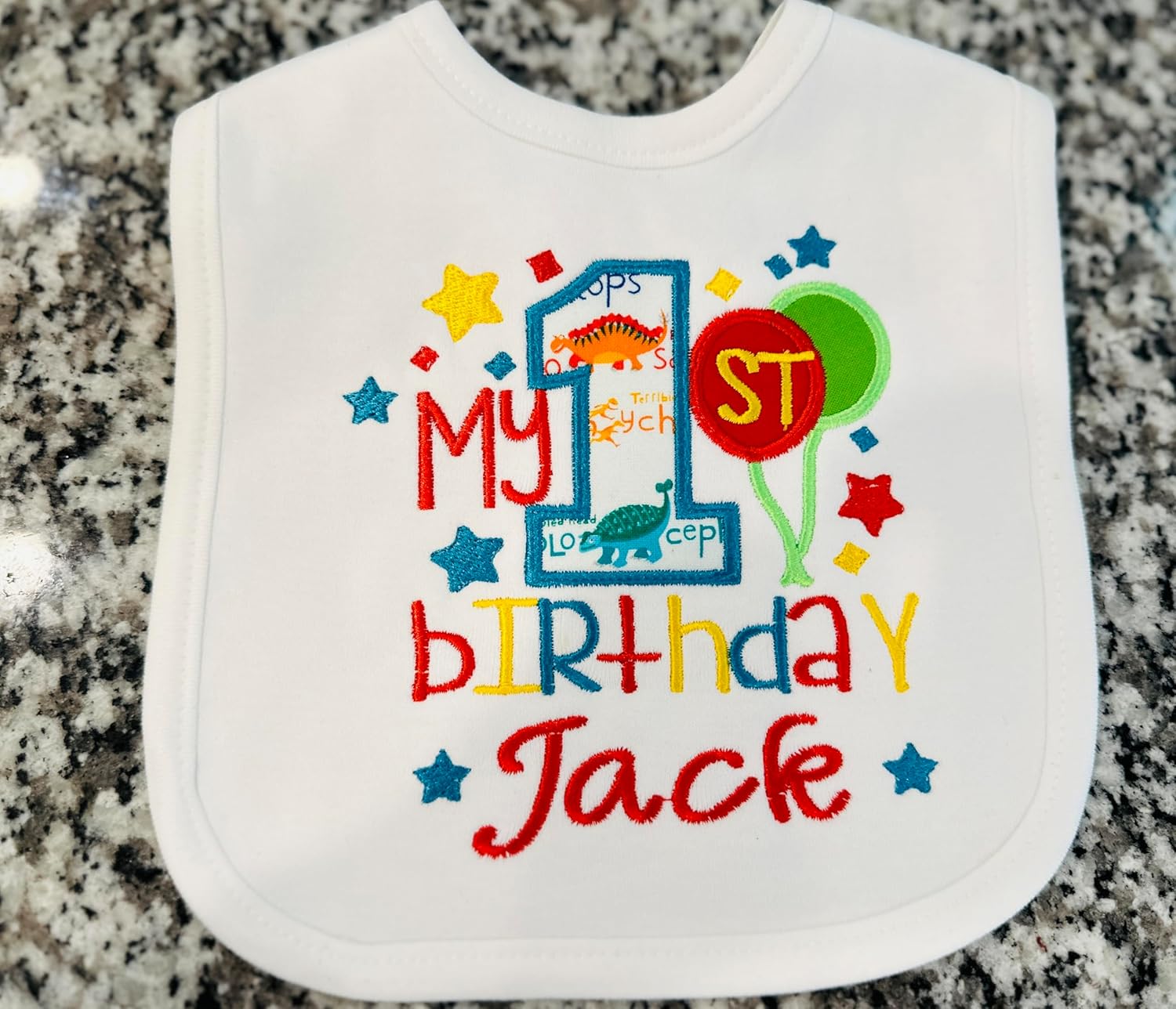 First Birthday Boy Bib White Bib with Turquoise Dino Embroidery