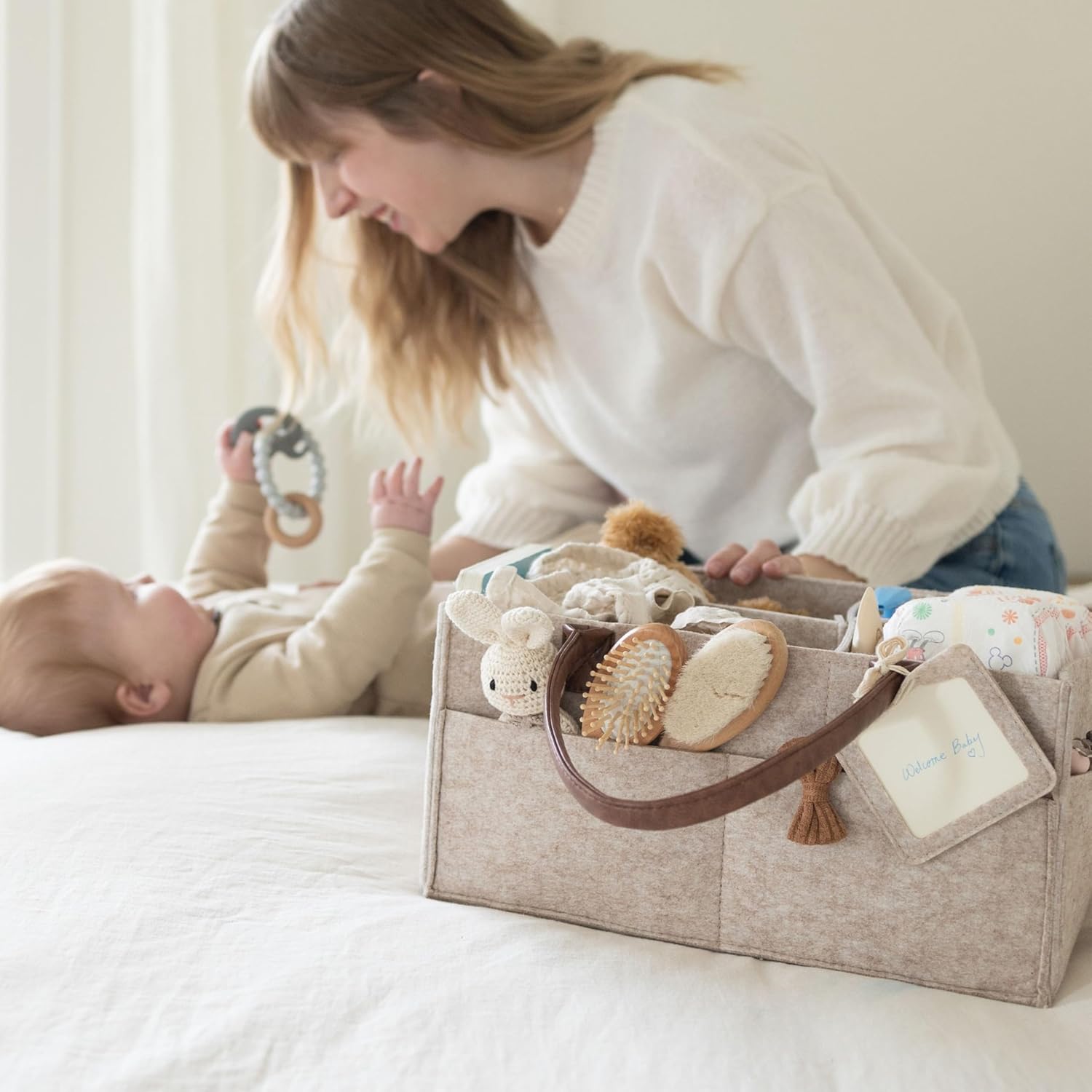 Lily Miles Baby Diaper Caddy Organizer - Neutral Large Sand