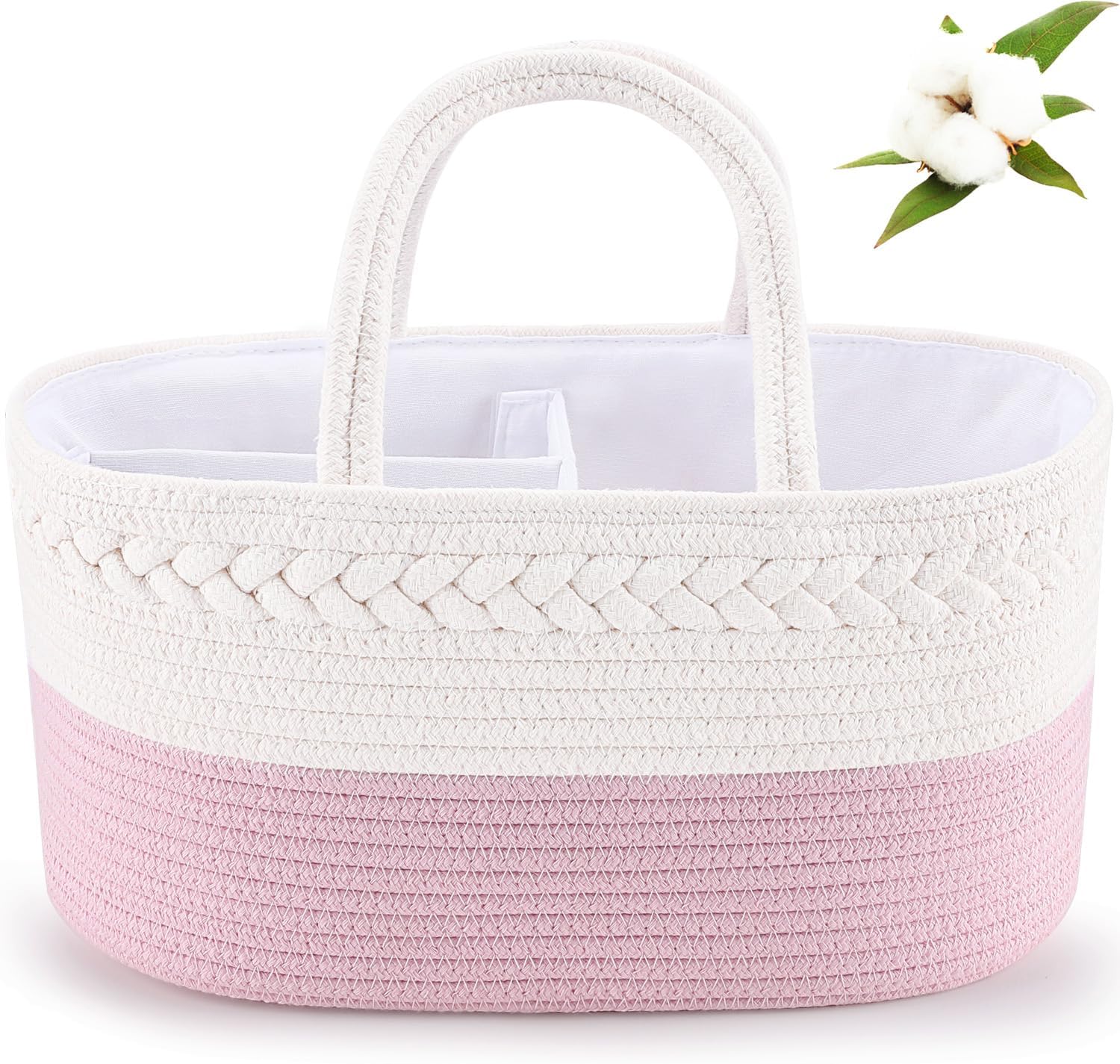 ABenkle Diaper Caddy Organizer - Pink Cotton Rope Basket for Baby Supplies