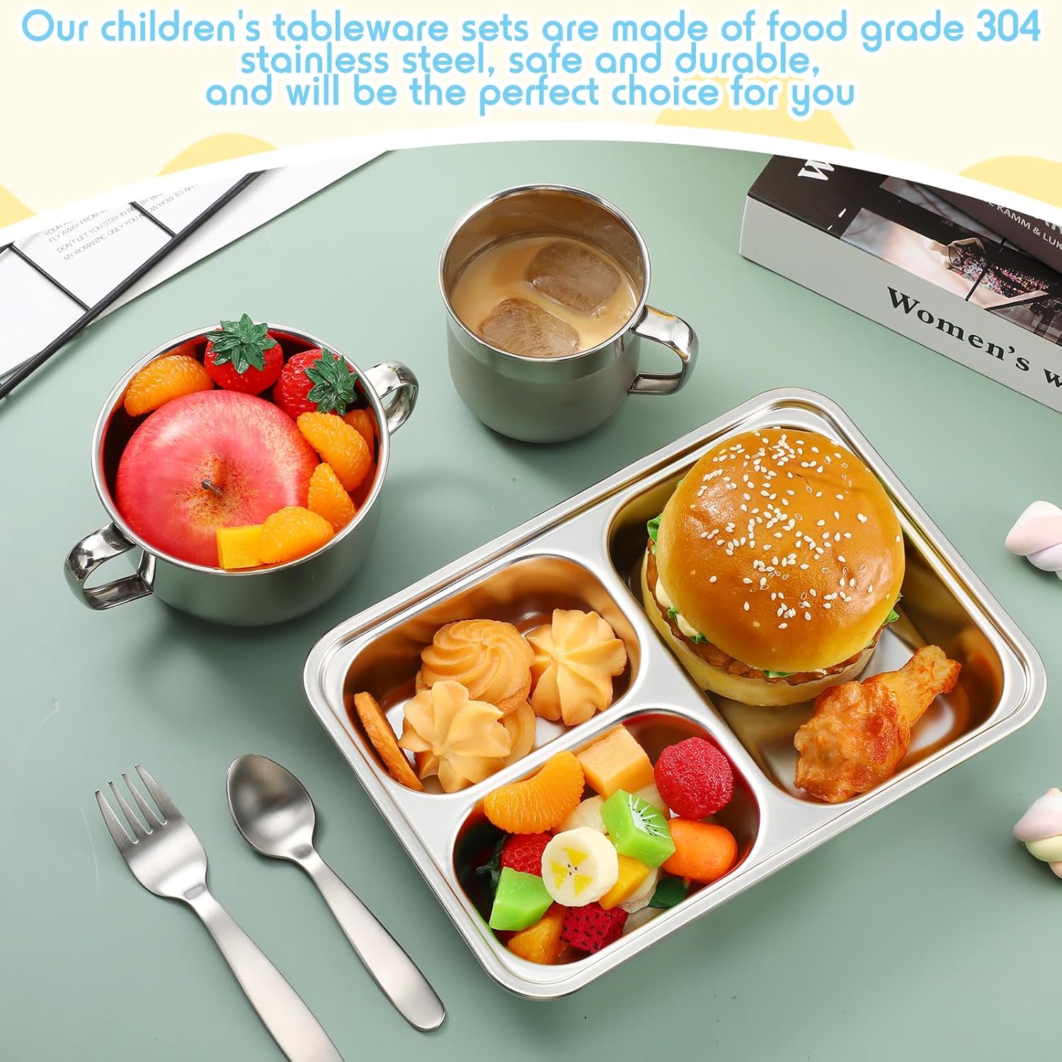 Tioncy 15 Pcs Stainless Steel Kids Dinnerware Set