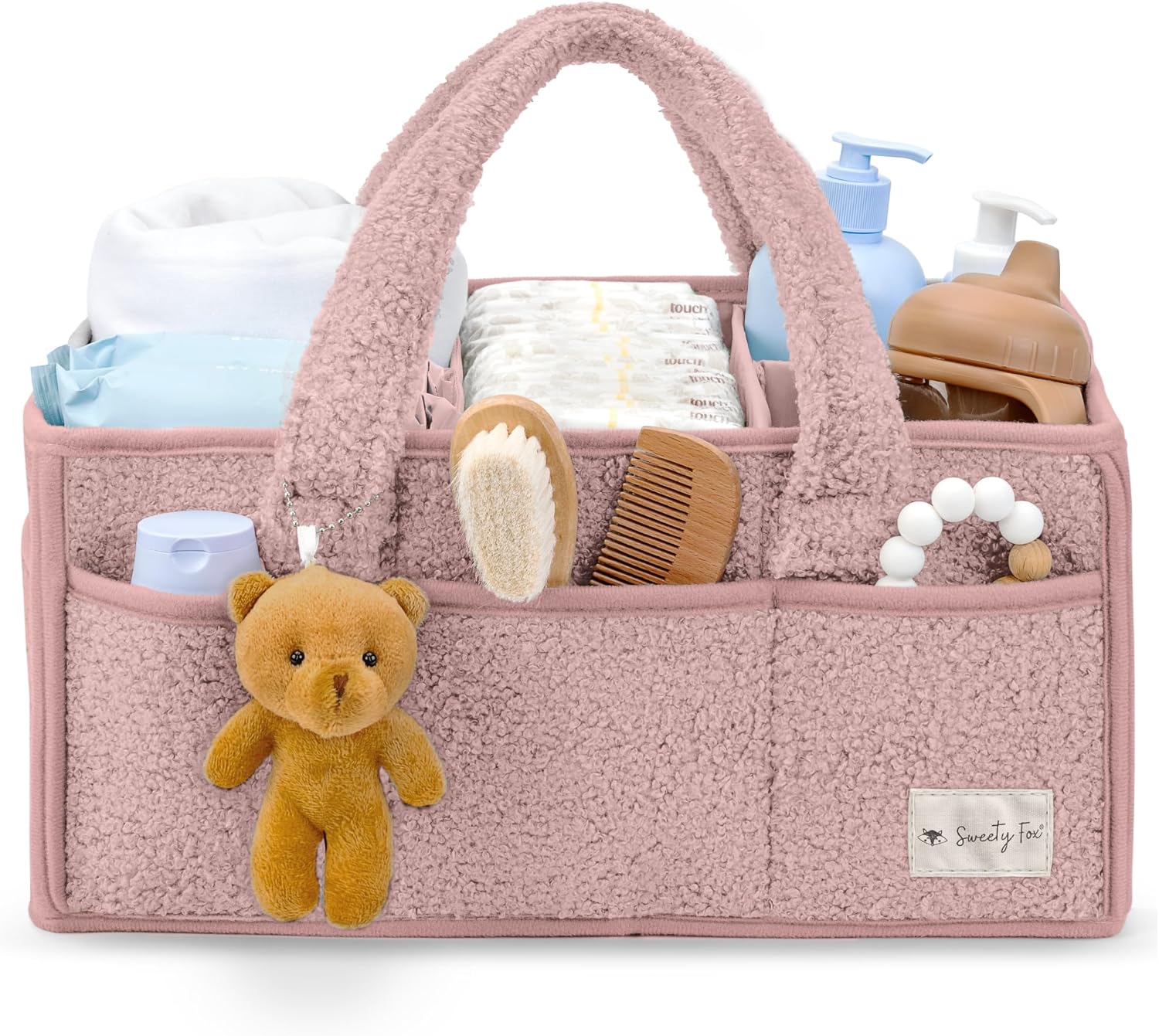 Sweety Fox Plush Sherpa Diaper Caddy Organizer with Handle - Pink