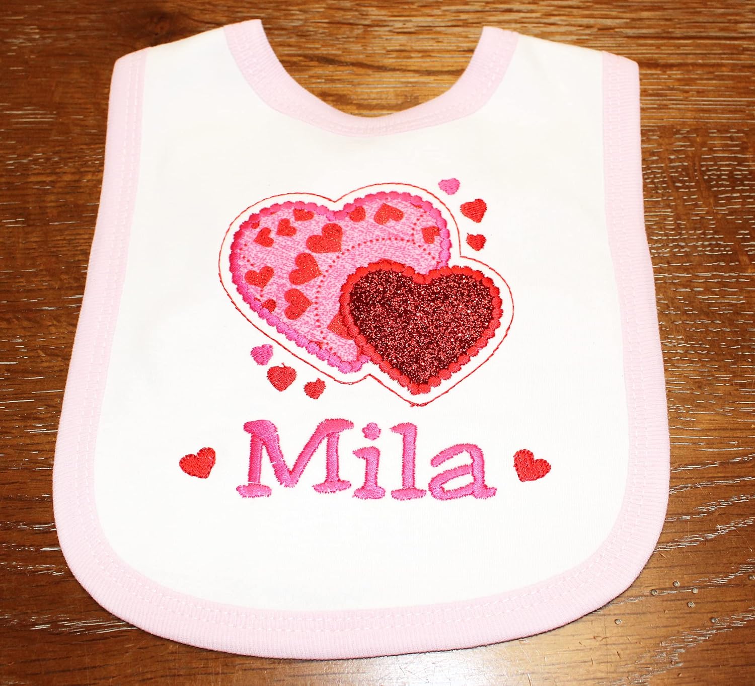 Valentines Day Baby Girl Bib with Sparkle Hearts and Name
