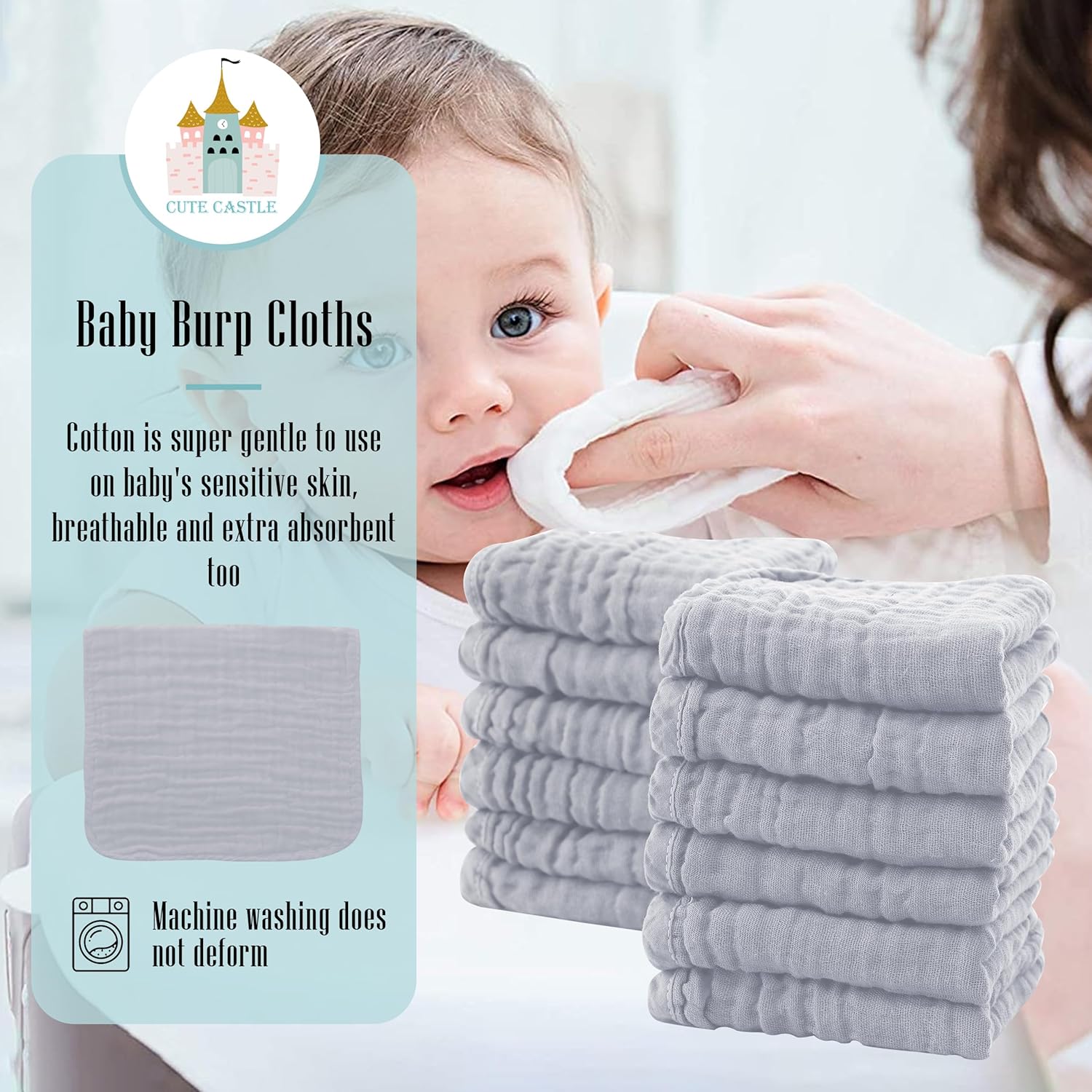 Cute Castle 12 Pack Muslin Burp Cloths - 20x10 Ultra Soft Cotton