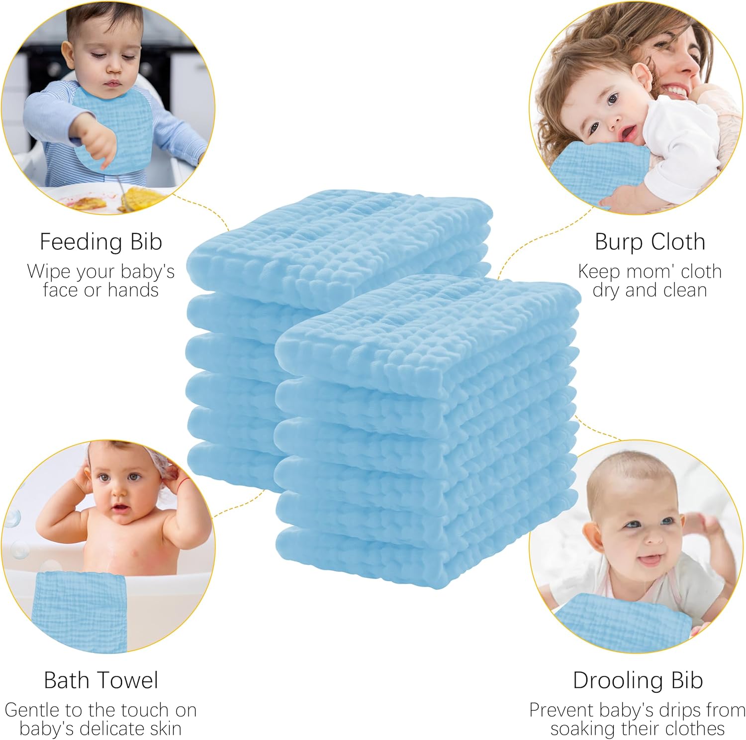Lovely Care 12 Pack Muslin Burp Cloths 20x10 Aqua