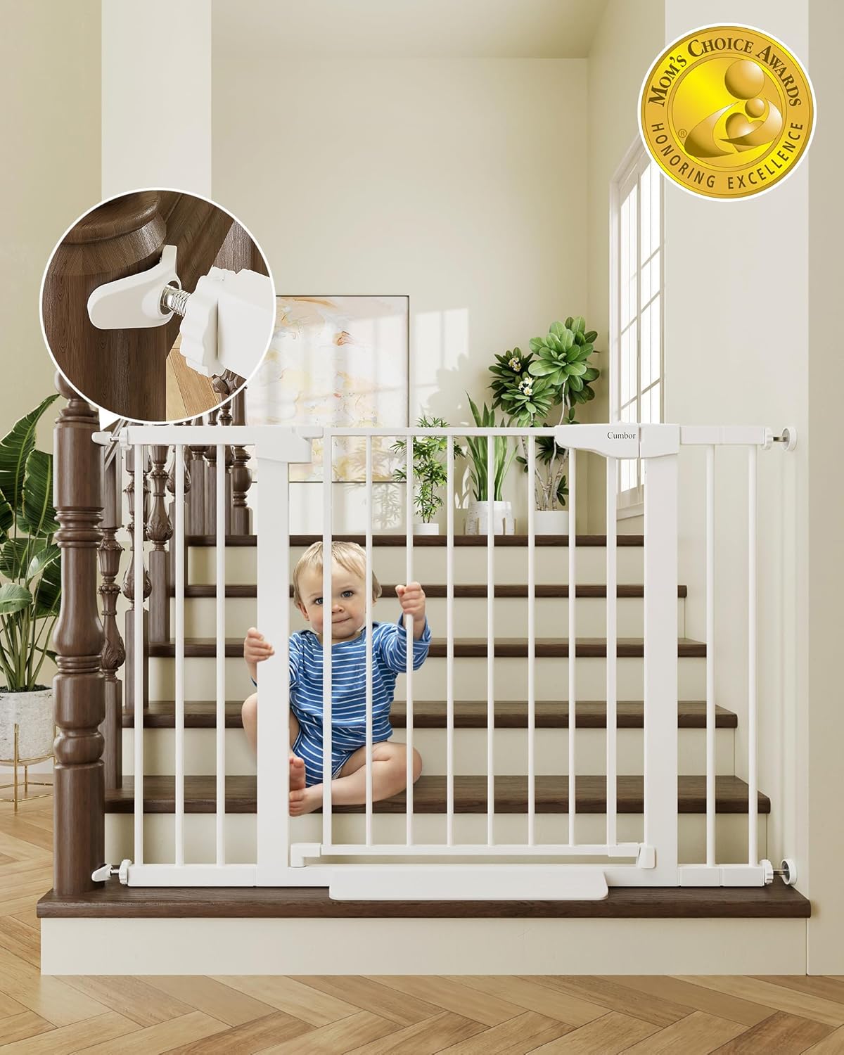 Cumbor White Baby Gate for Stairs and Doorways