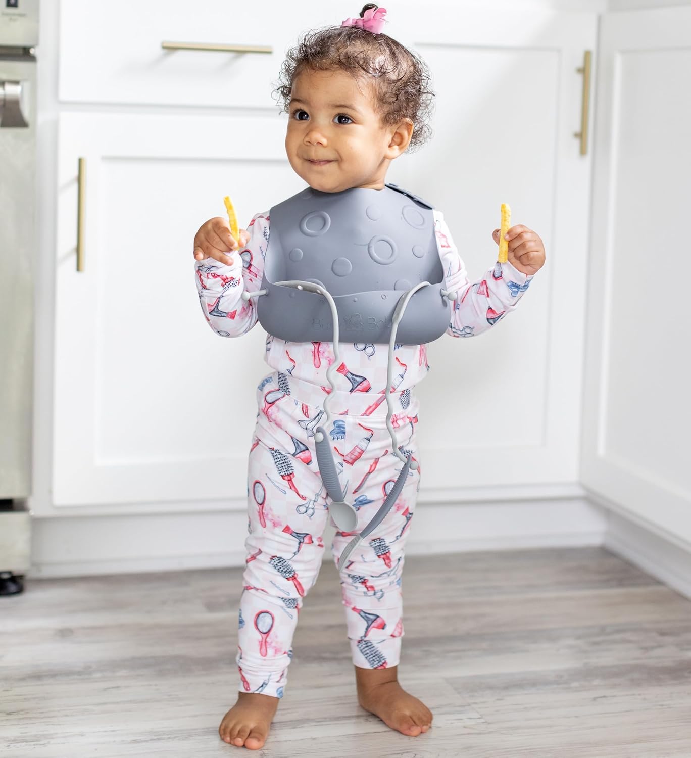 Busy Baby Bungee Bib Utensil Set Adjustable Silicone Bib with Tethered Utensils