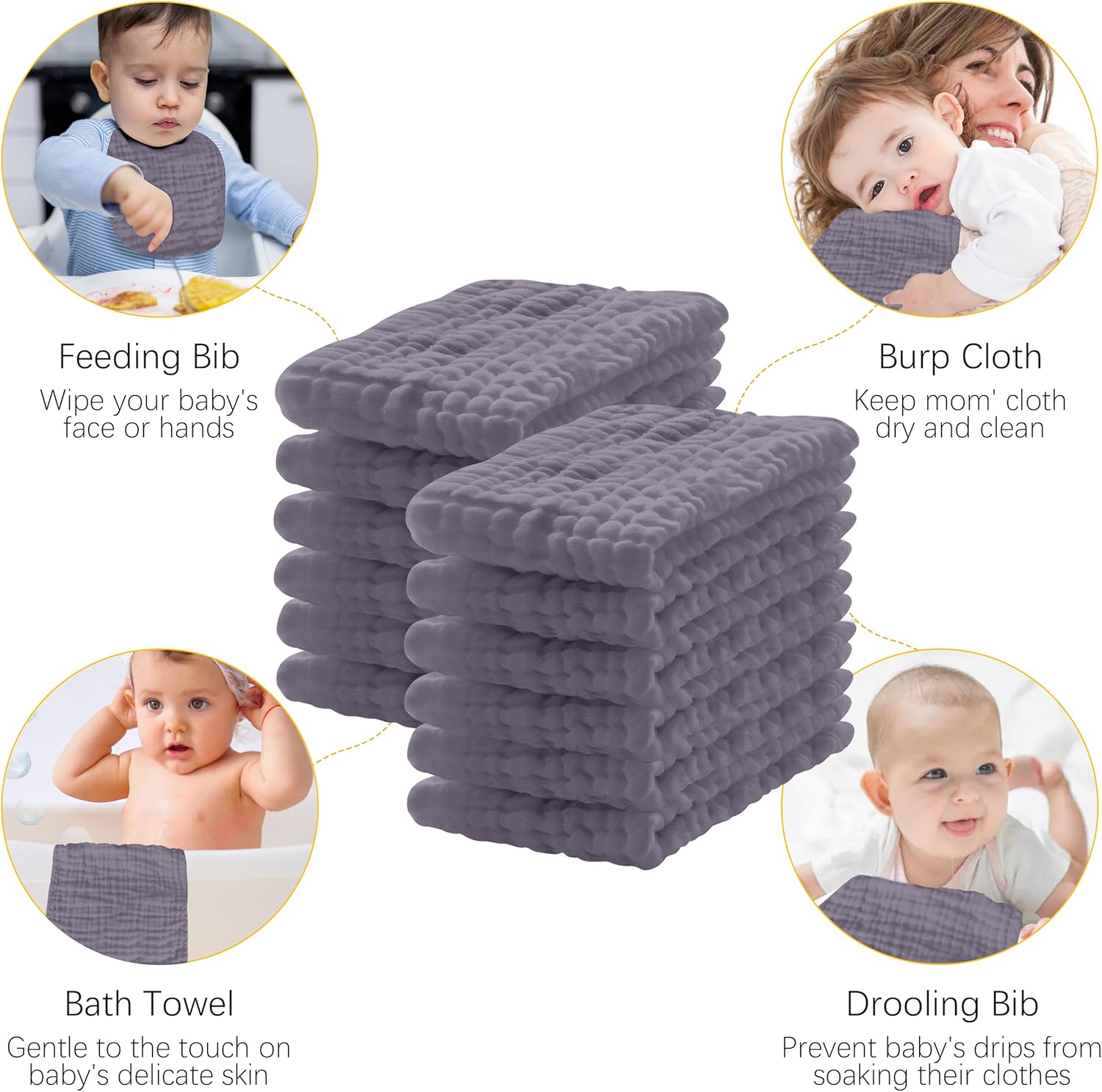 12 Pack Muslin Burp Cloths 20x10 Extra Soft Absorbent - Grey