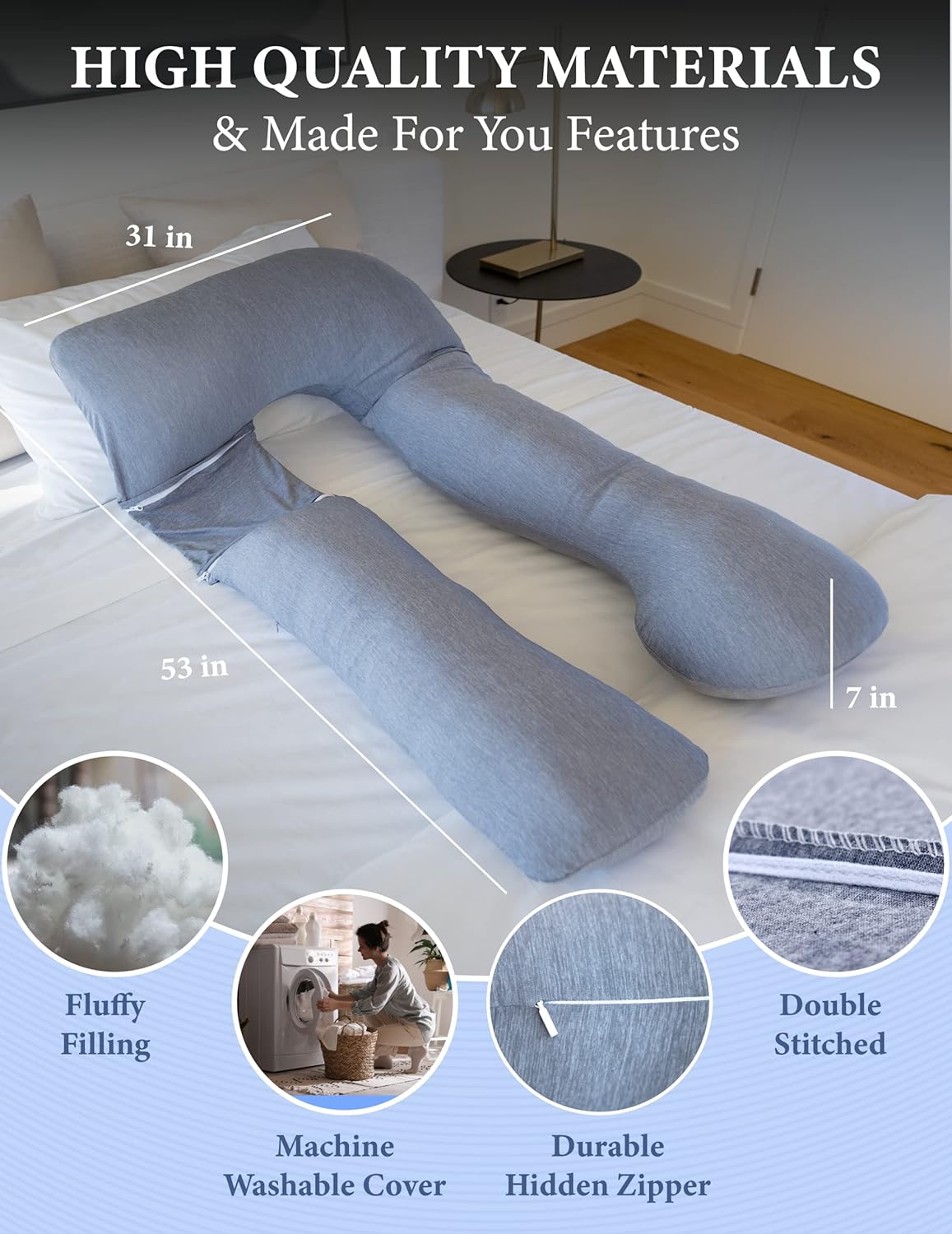 Pharmedoc Pregnancy Pillow - U Shape Full Body Support - Cool Cover - Dark Grey