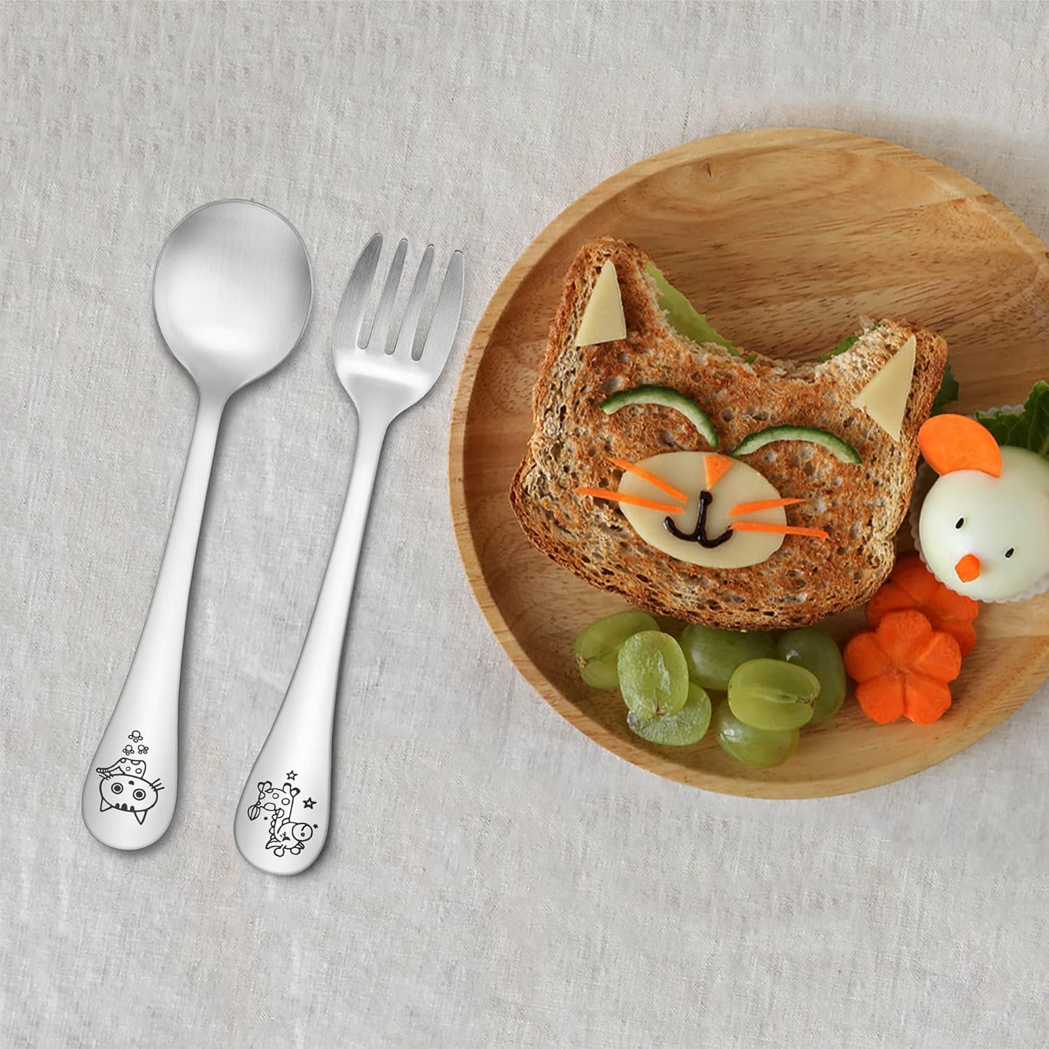 TeamFar Toddler Flatware Set 4PCS Stainless Steel Carved Animal Handles