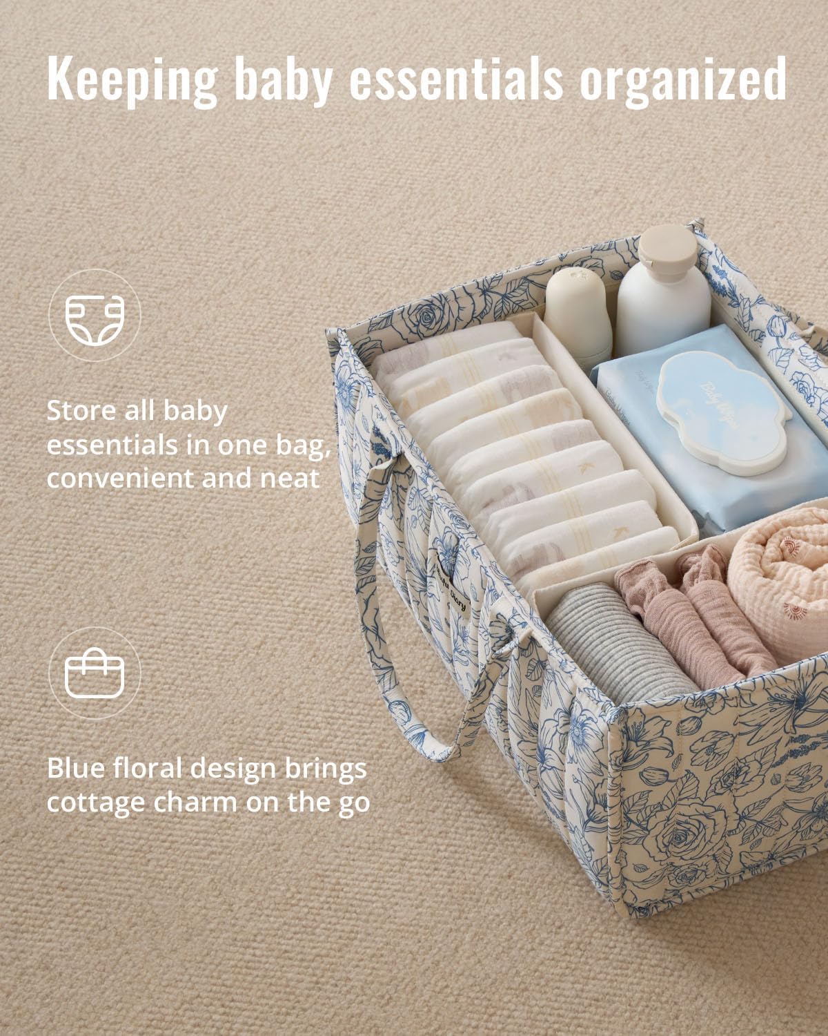 Blissful Diary Floral Diaper Caddy Organizer Blue Rose 1