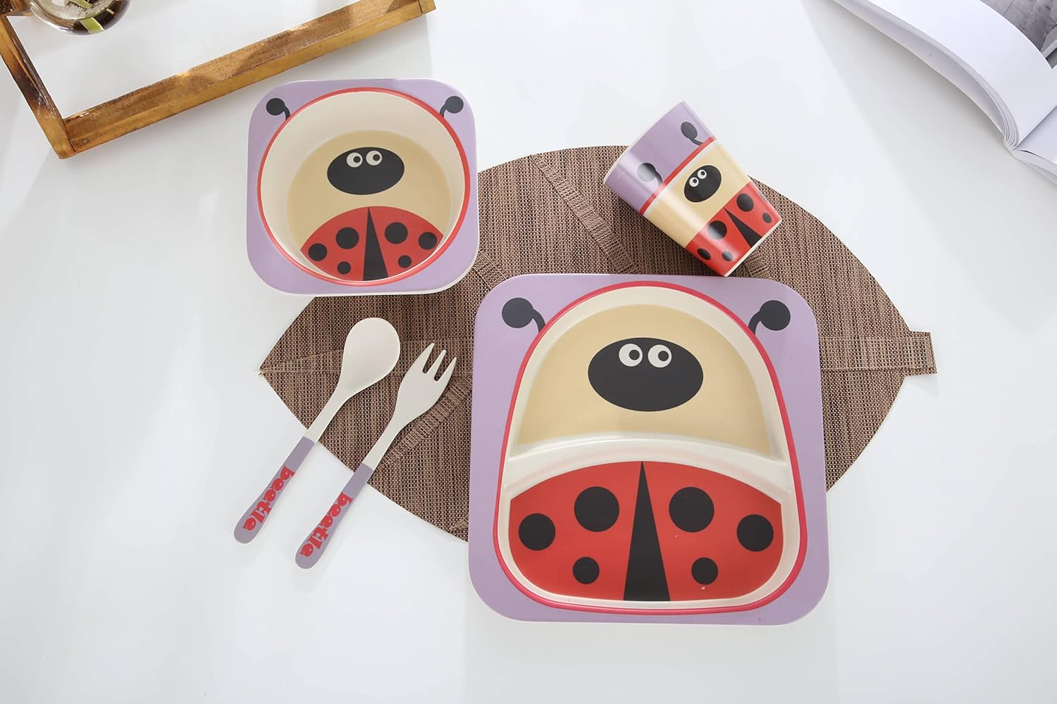 Bamboo Kids Plate and Bowl Set with Cup Utensils