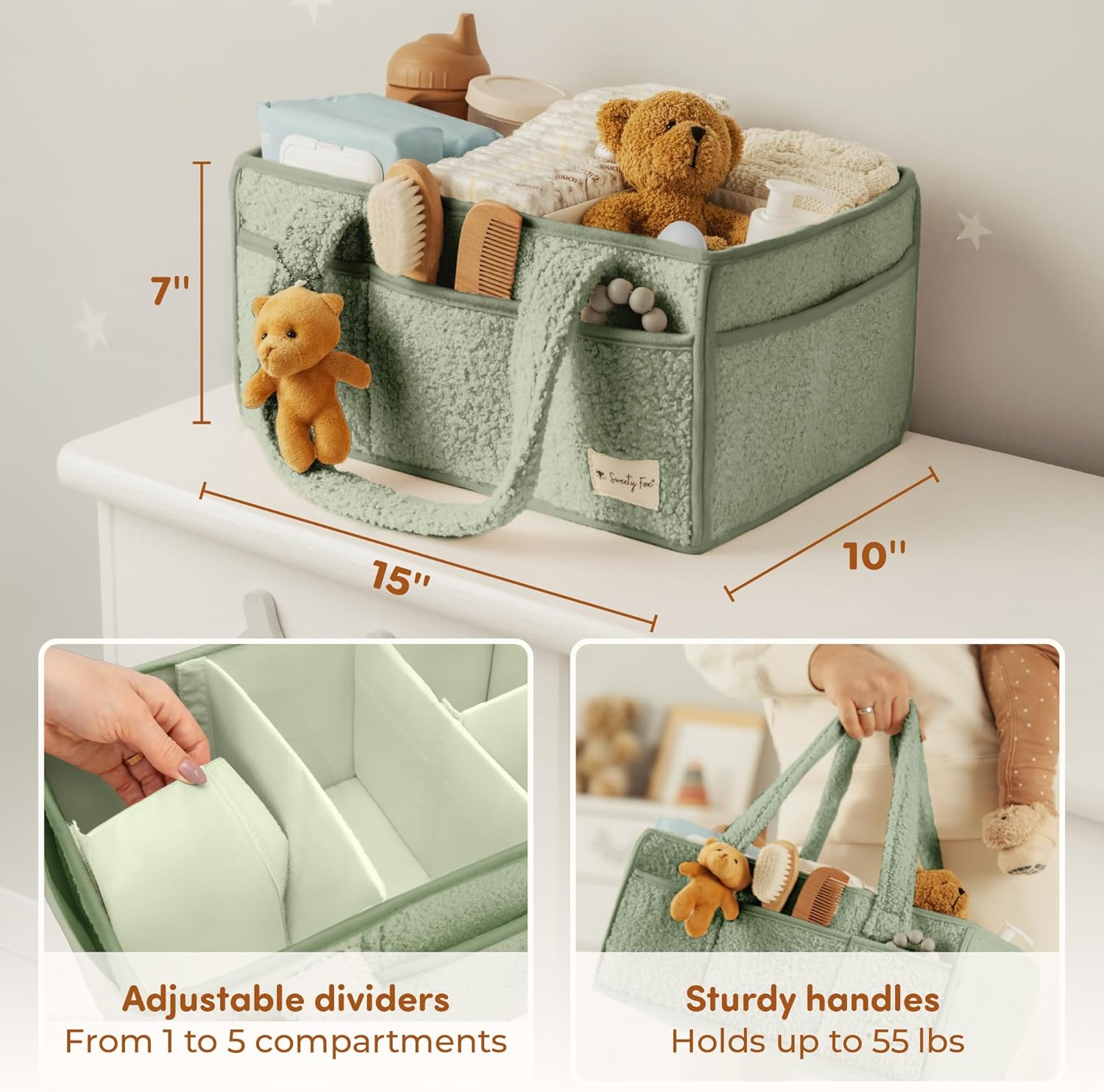 Sweety Fox Baby Diaper Caddy Organizer with Handle - Portable Sherpa Basket - Green