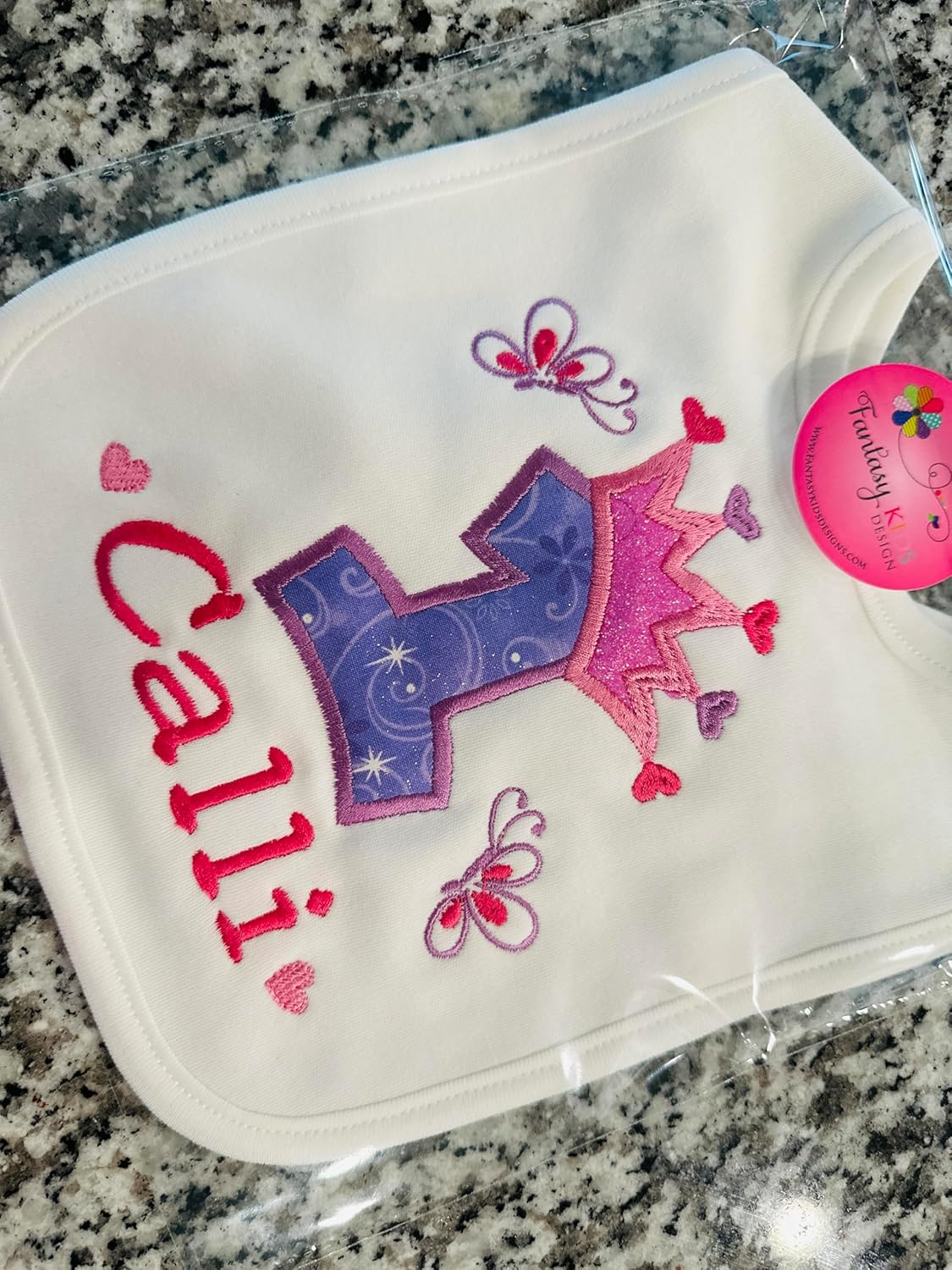 First Birthday Girl Bib with Custom Name Princess Crown 1