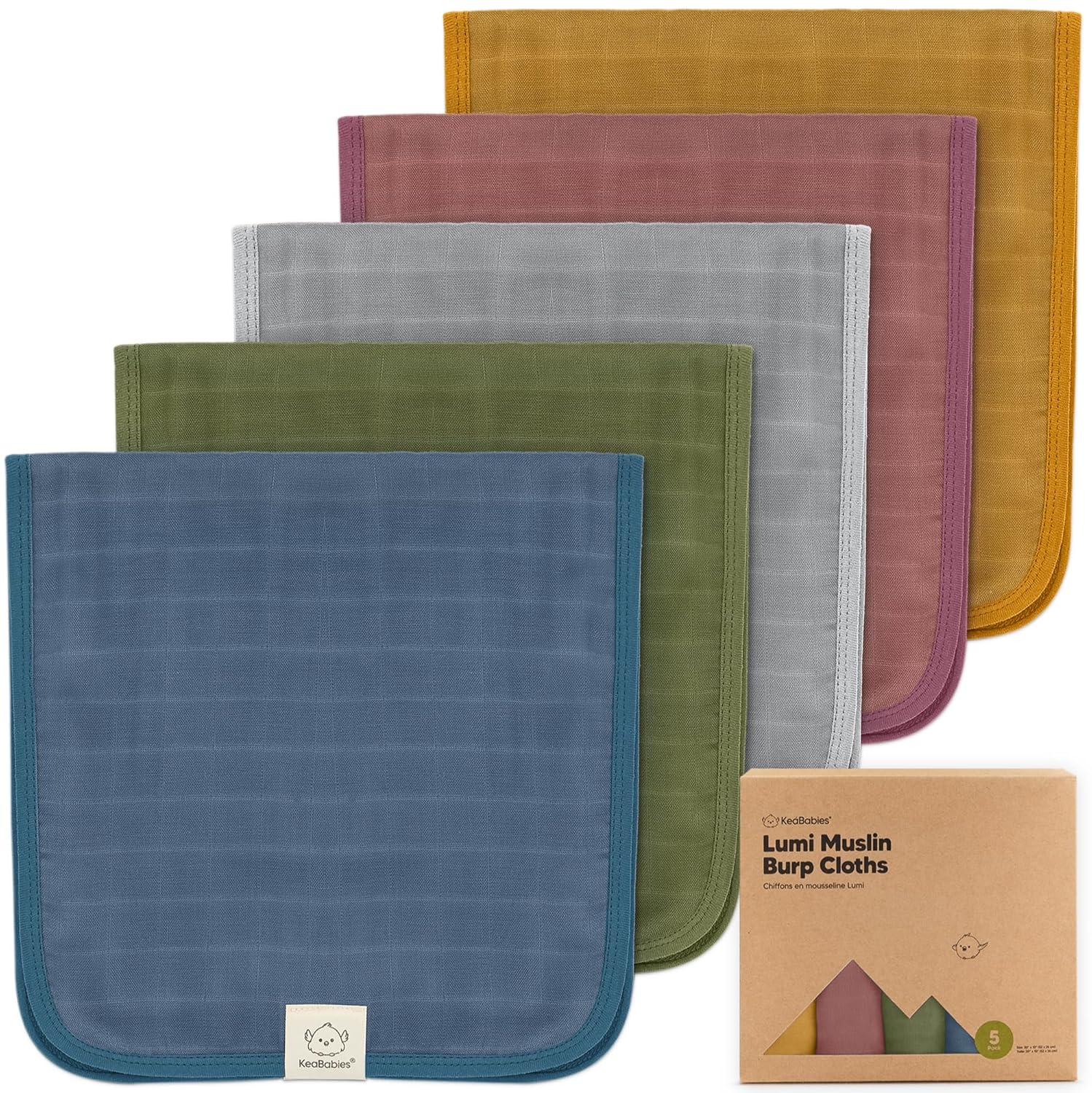 KeaBabies 5-Pack Lumi Muslin Burp Cloths - Soft Absorbent Neutral